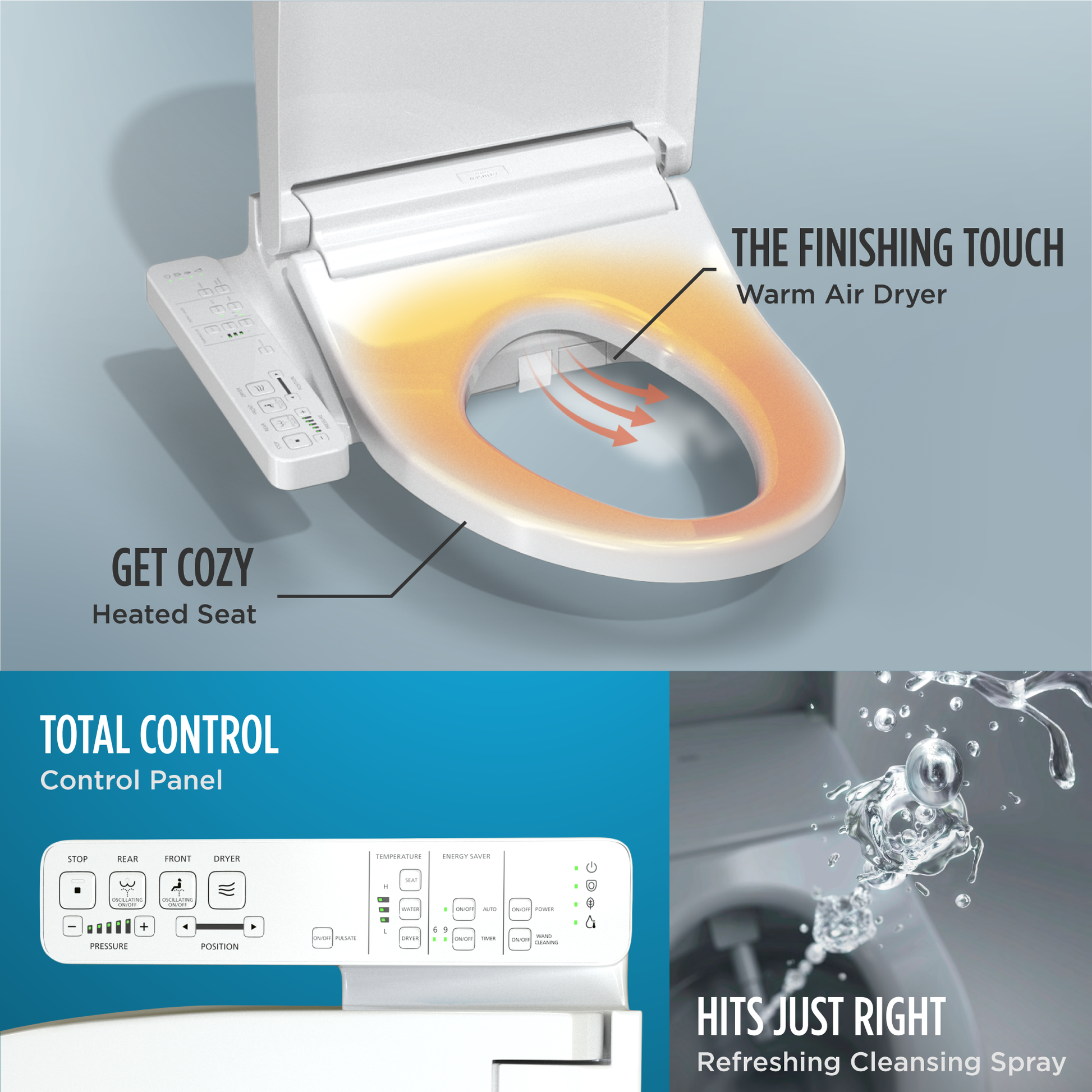 Cotton white elongated bidet seat with attached remote control, heated seat, warm air dryer, and cleansing spray functions.