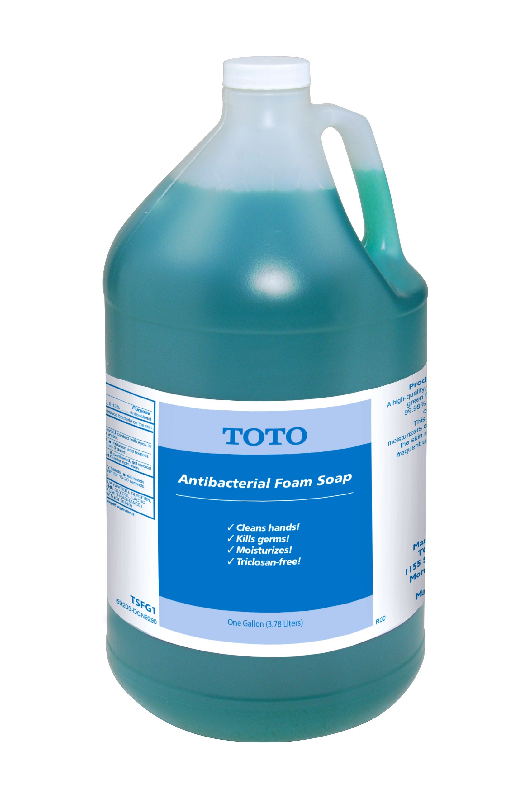 One-gallon bottle of teal-colored Toto antibacterial foam soap with white cap and blue label.