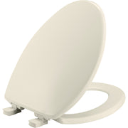 Biscuit-colored elongated plastic toilet seat with closed lid and open seat ring, featuring hinges and mounting hardware.