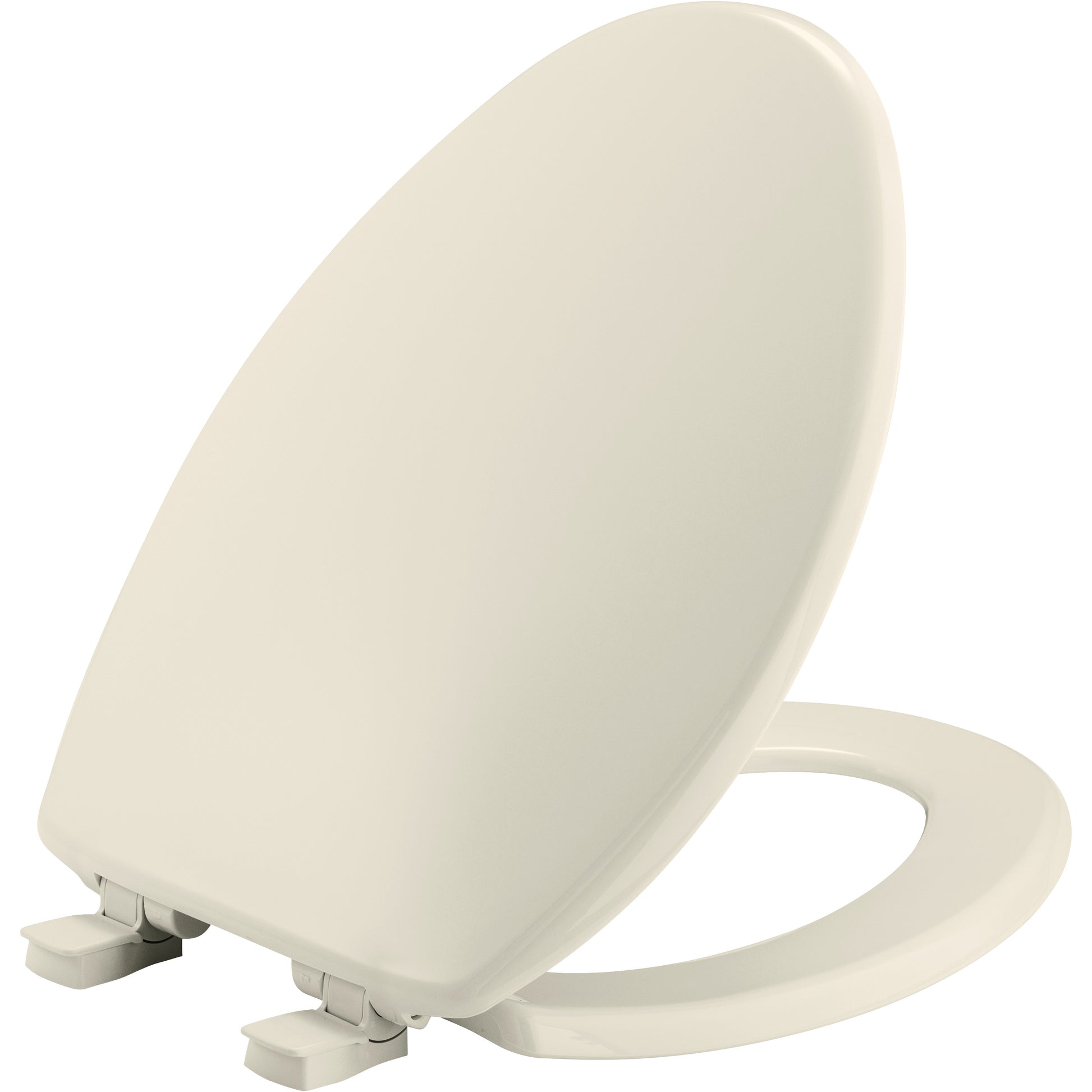 Biscuit-colored elongated plastic toilet seat with closed lid and open seat ring, featuring hinges and mounting hardware.