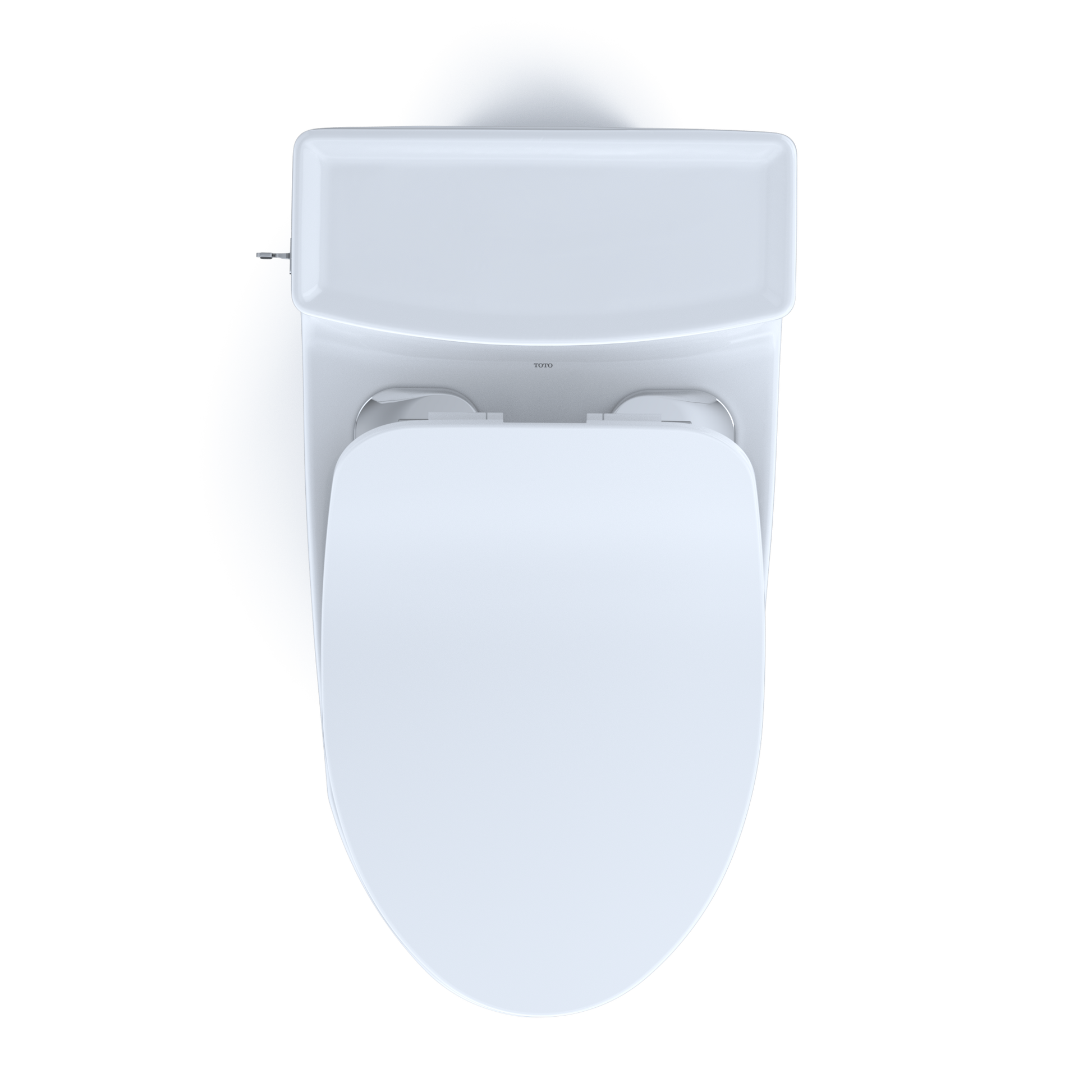 White elongated one-piece toilet with integrated bidet seat and soft-close lid, shown from above.