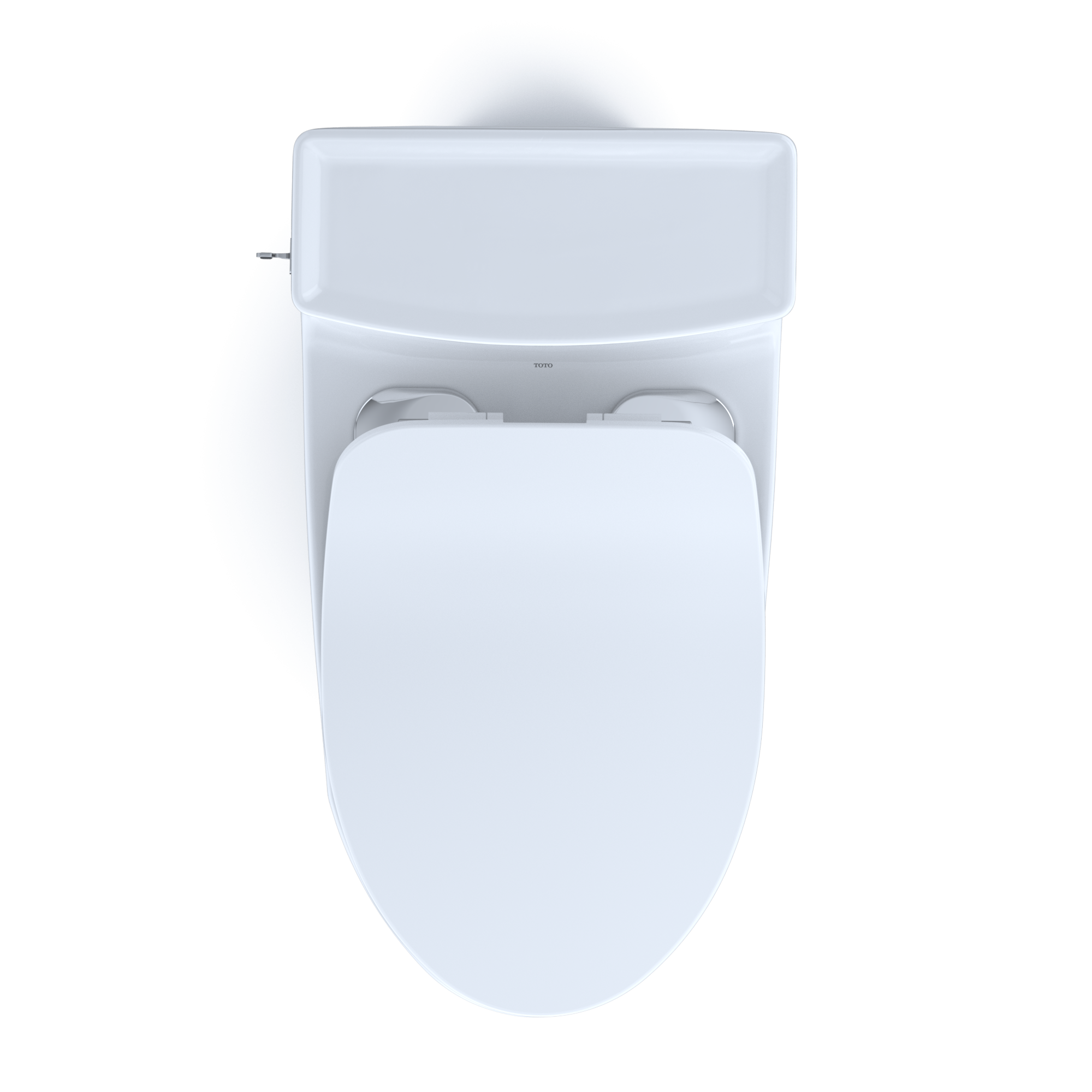 White elongated one-piece toilet with integrated bidet seat and soft-close lid, shown from above.