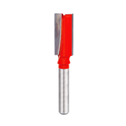 Red and silver straight router bit with two flutes and cylindrical shank for woodworking applications.