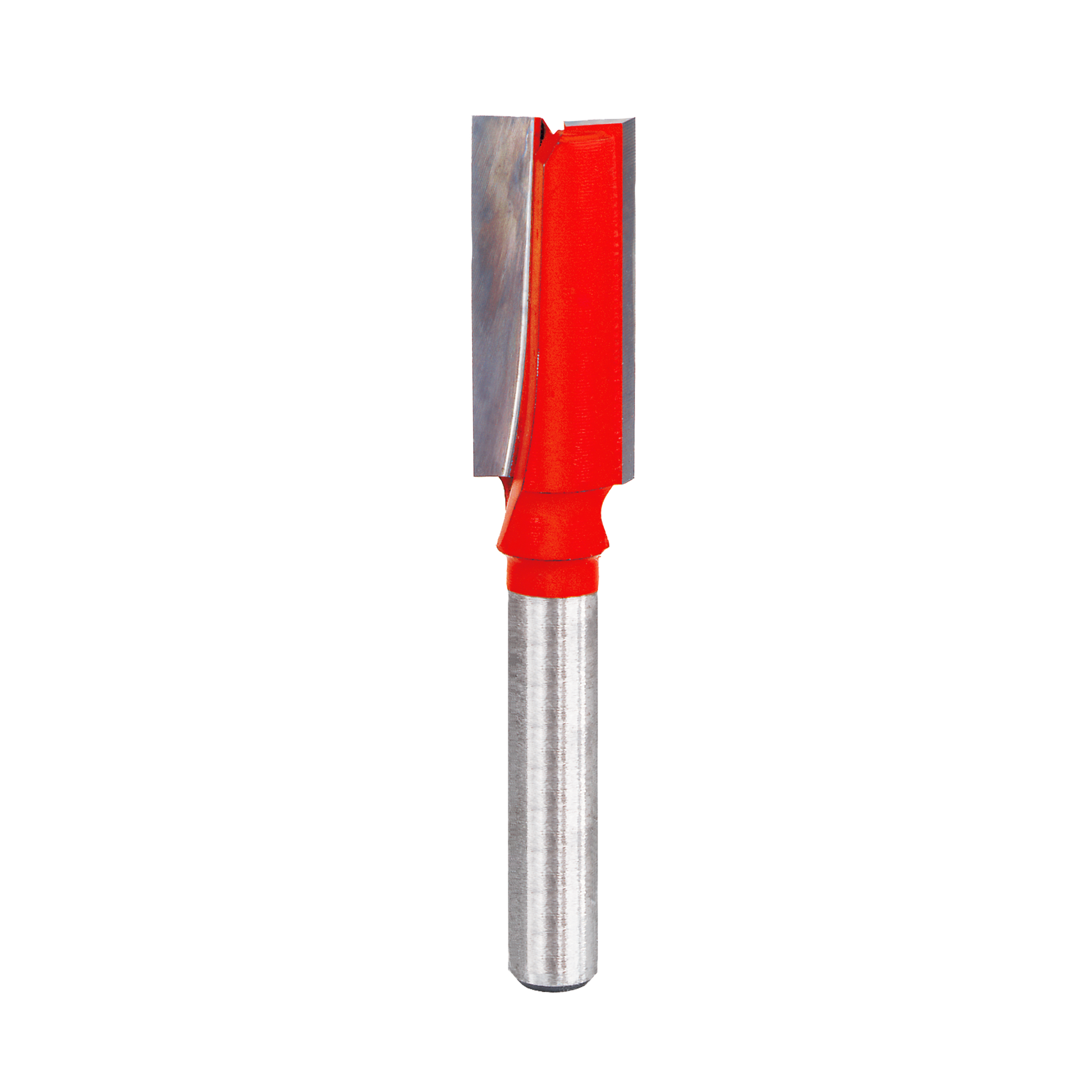 Red and silver straight router bit with two flutes and cylindrical shank for woodworking applications.