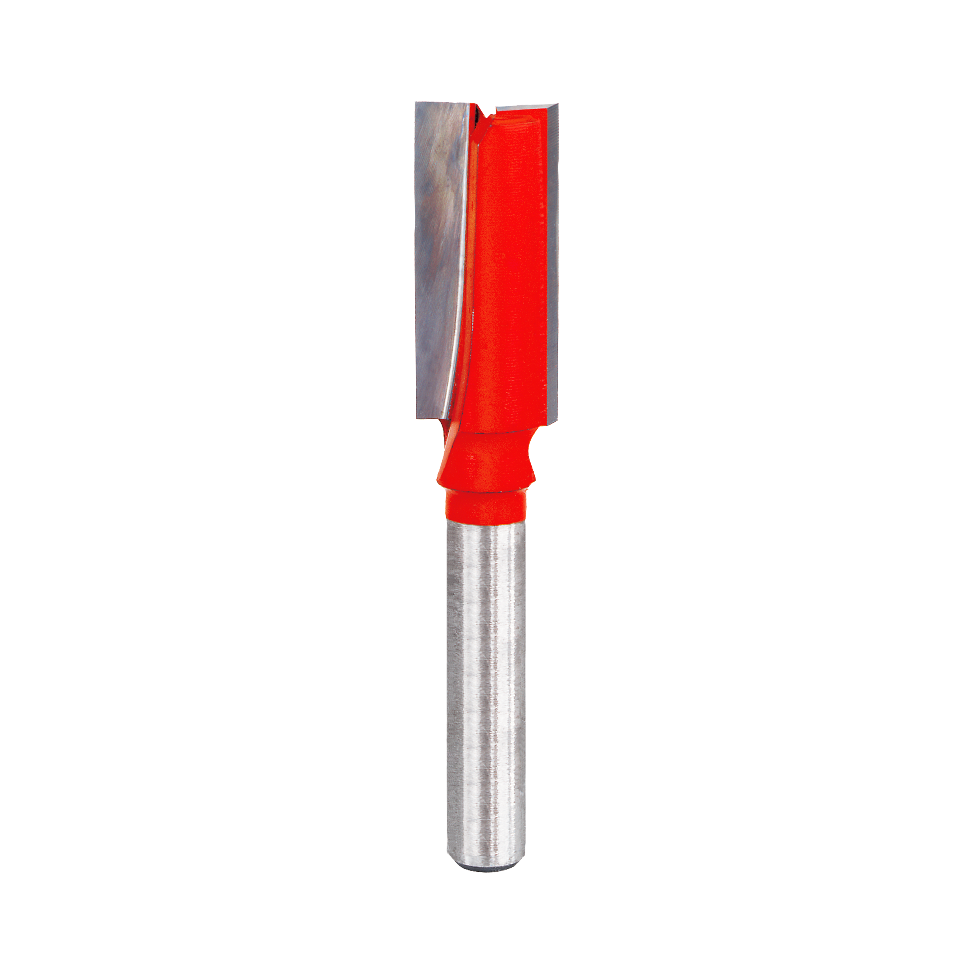 Red and silver straight router bit with two flutes and cylindrical shank for woodworking applications.