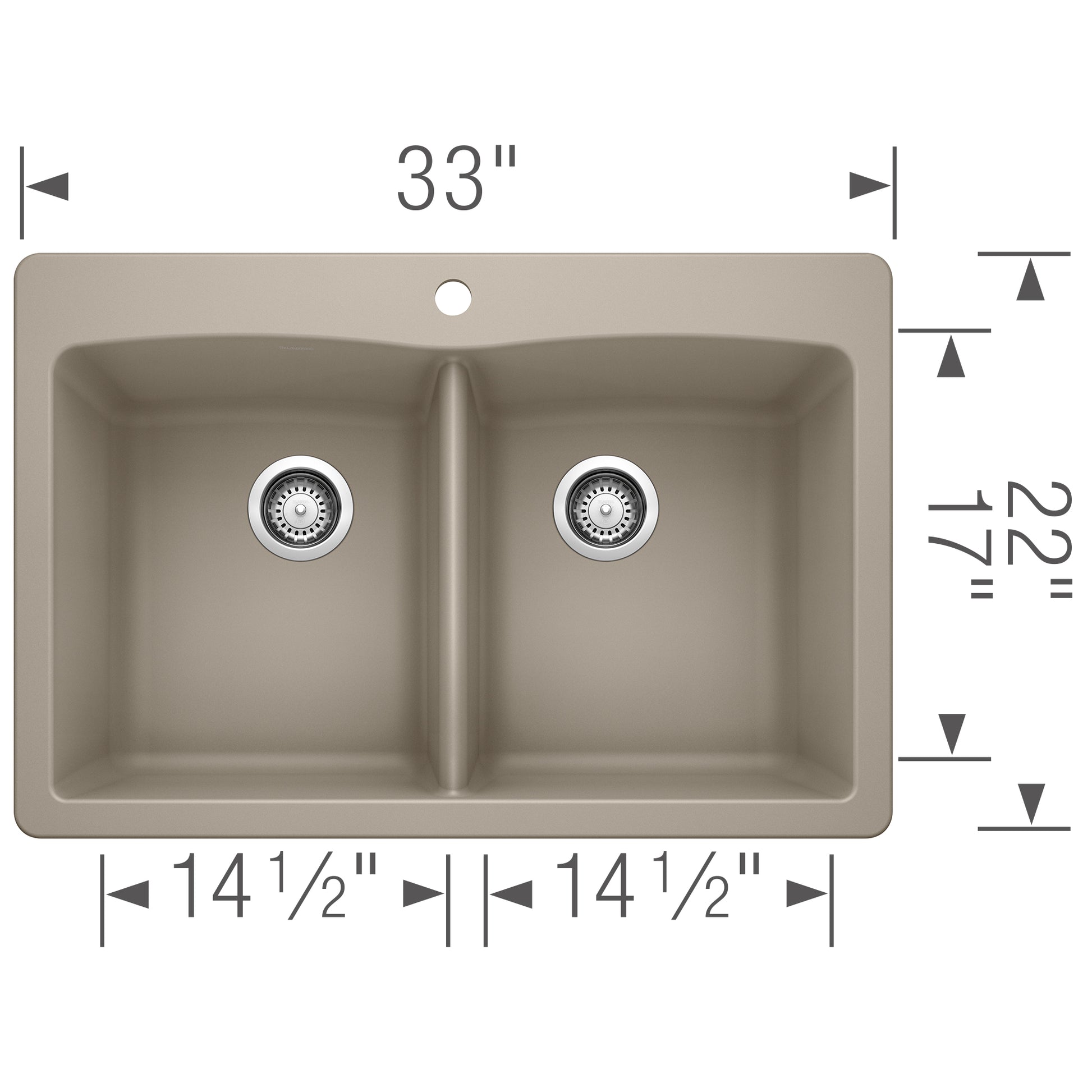 Truffle-colored drop-in double bowl sink with equal-sized compartments, drains, and faucet hole, measuring 33 inches wide.