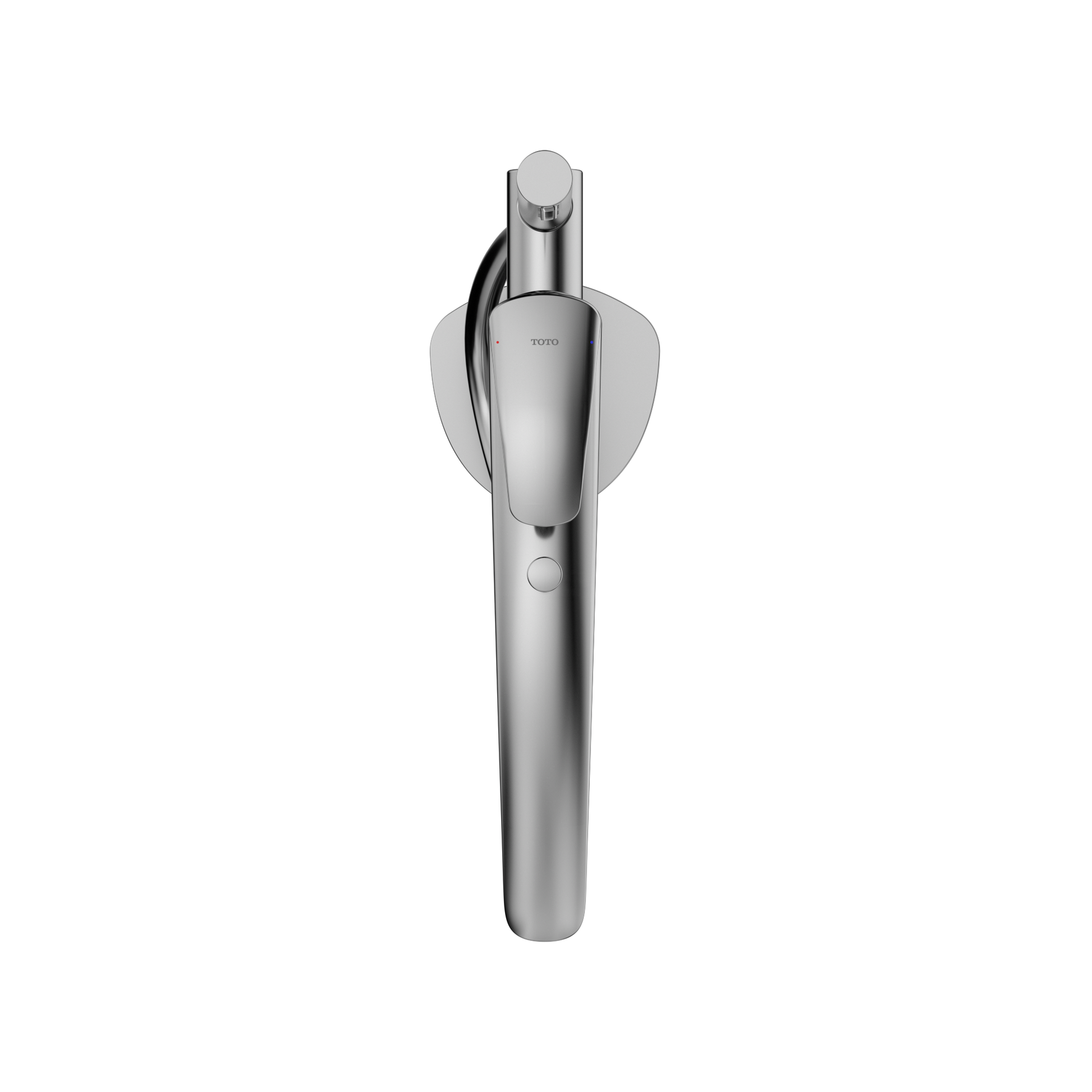 Polished chrome single-handle tub filler with attached handshower and wall mount bracket.