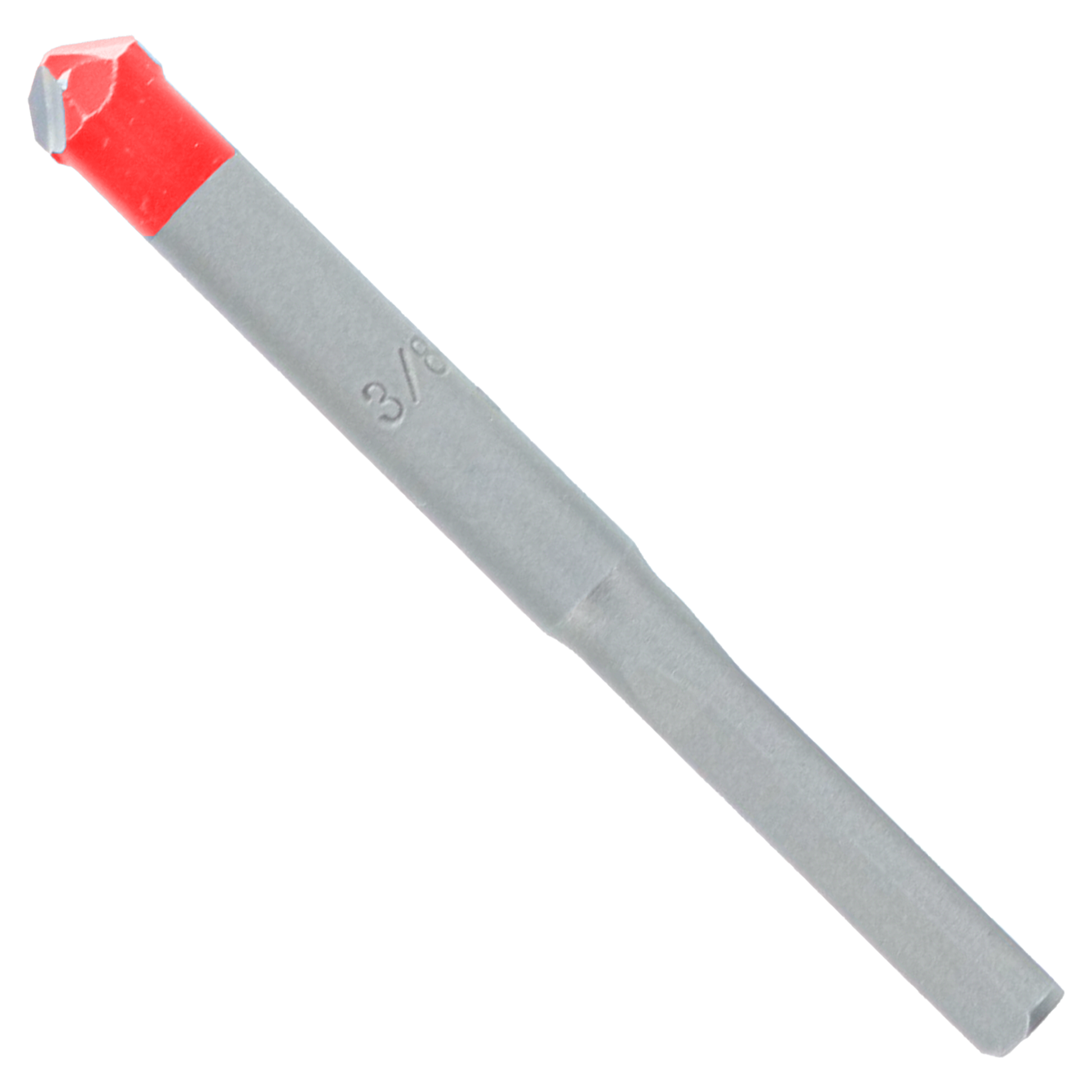 Gray carbide tipped drill bit with red grip collar and 3/8 in. marking on shaft.