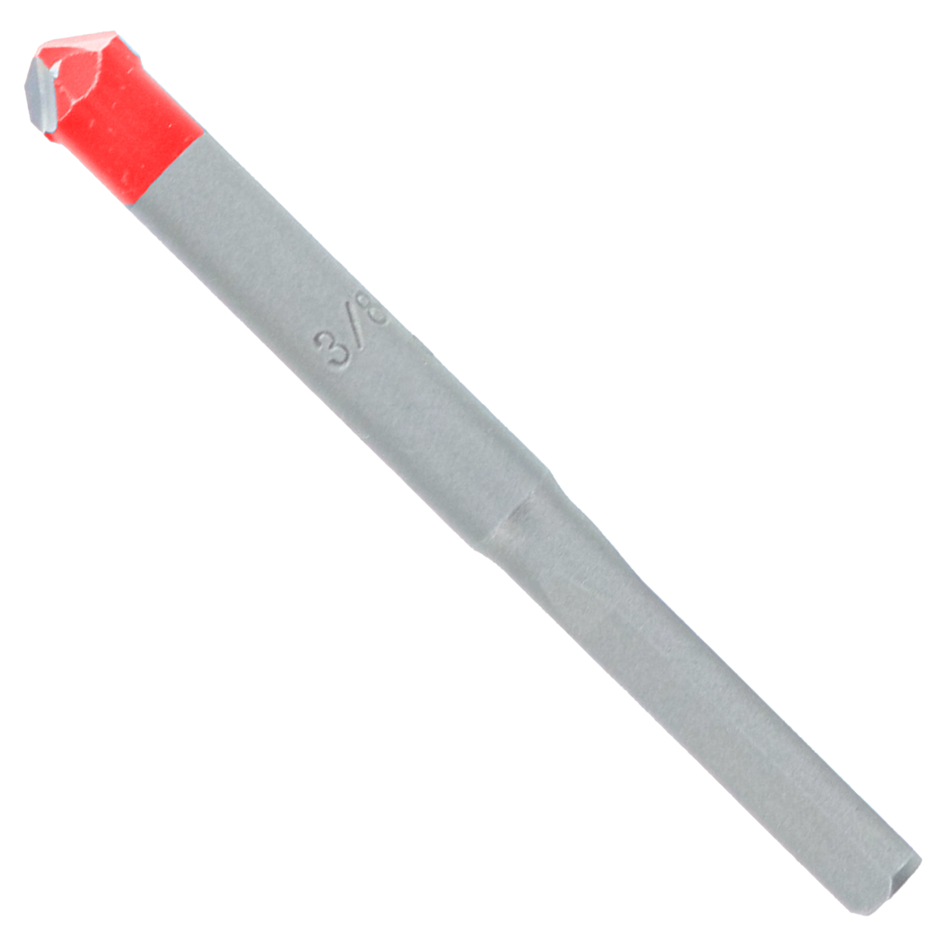 Gray carbide tipped drill bit with red grip collar and 3/8 in. marking on shaft.