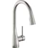 Single-hole kitchen faucet with pull-down spray head and forward-only lever handle in lustrous steel finish.