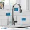 Elkay single-hole kitchen faucet with pull-down spray, forward-only lever handle, lustrous steel finish.