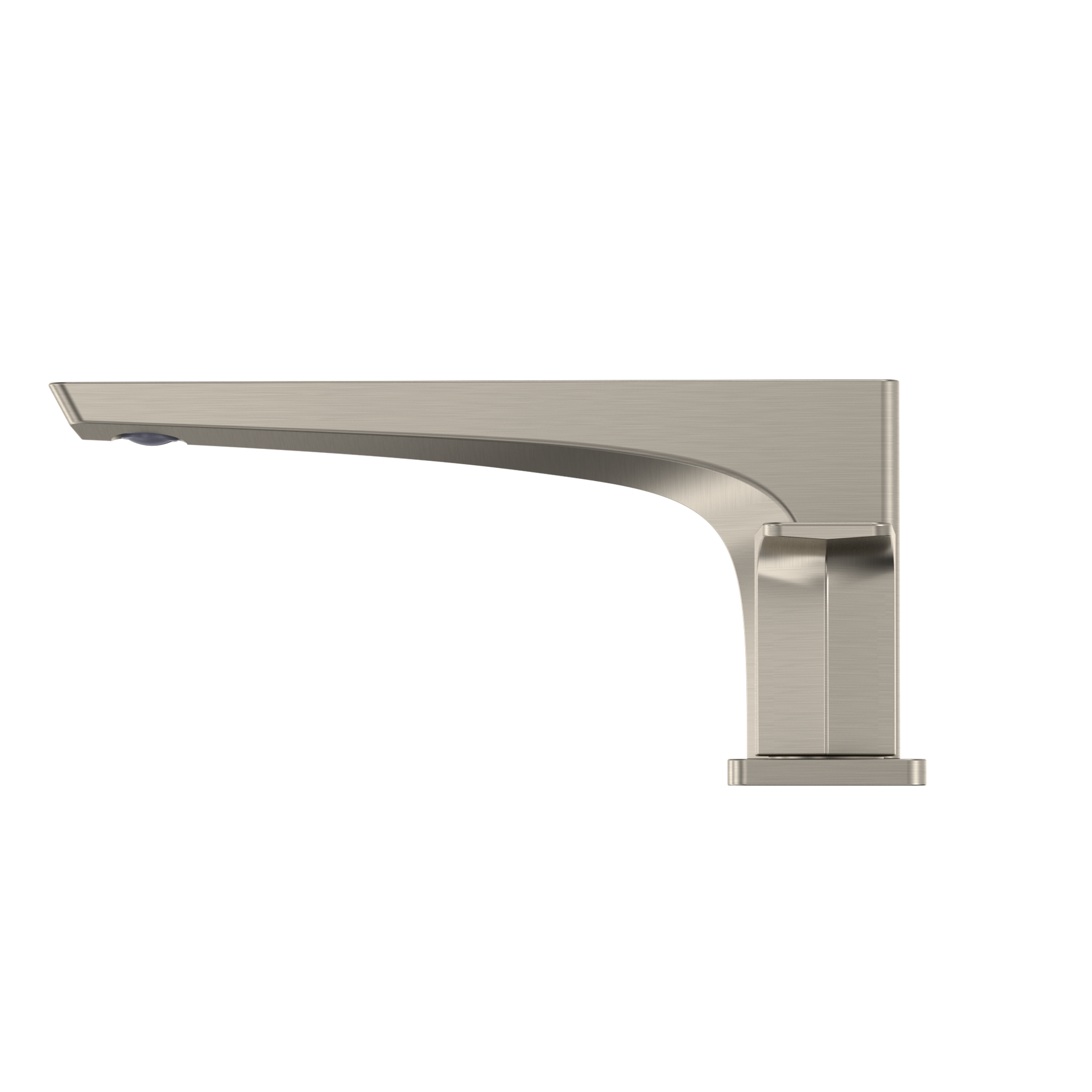 Brushed nickel deck-mount roman tub filler with curved spout and single rectangular handle.