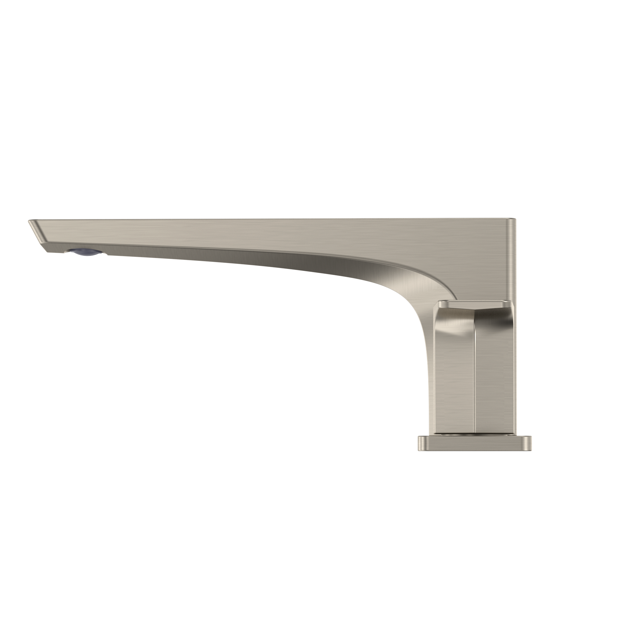Brushed nickel deck-mount roman tub filler with curved spout and single rectangular handle.