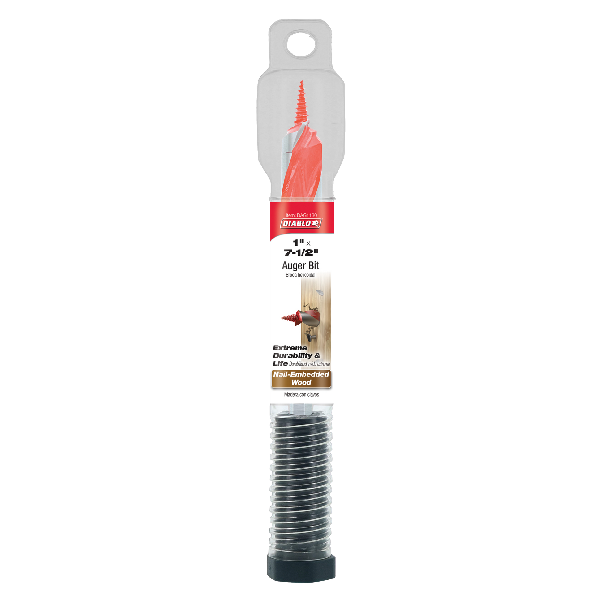Diablo 1-inch by 7-1/2-inch auger bit with red spiral flute and silver packaging displayed vertically.