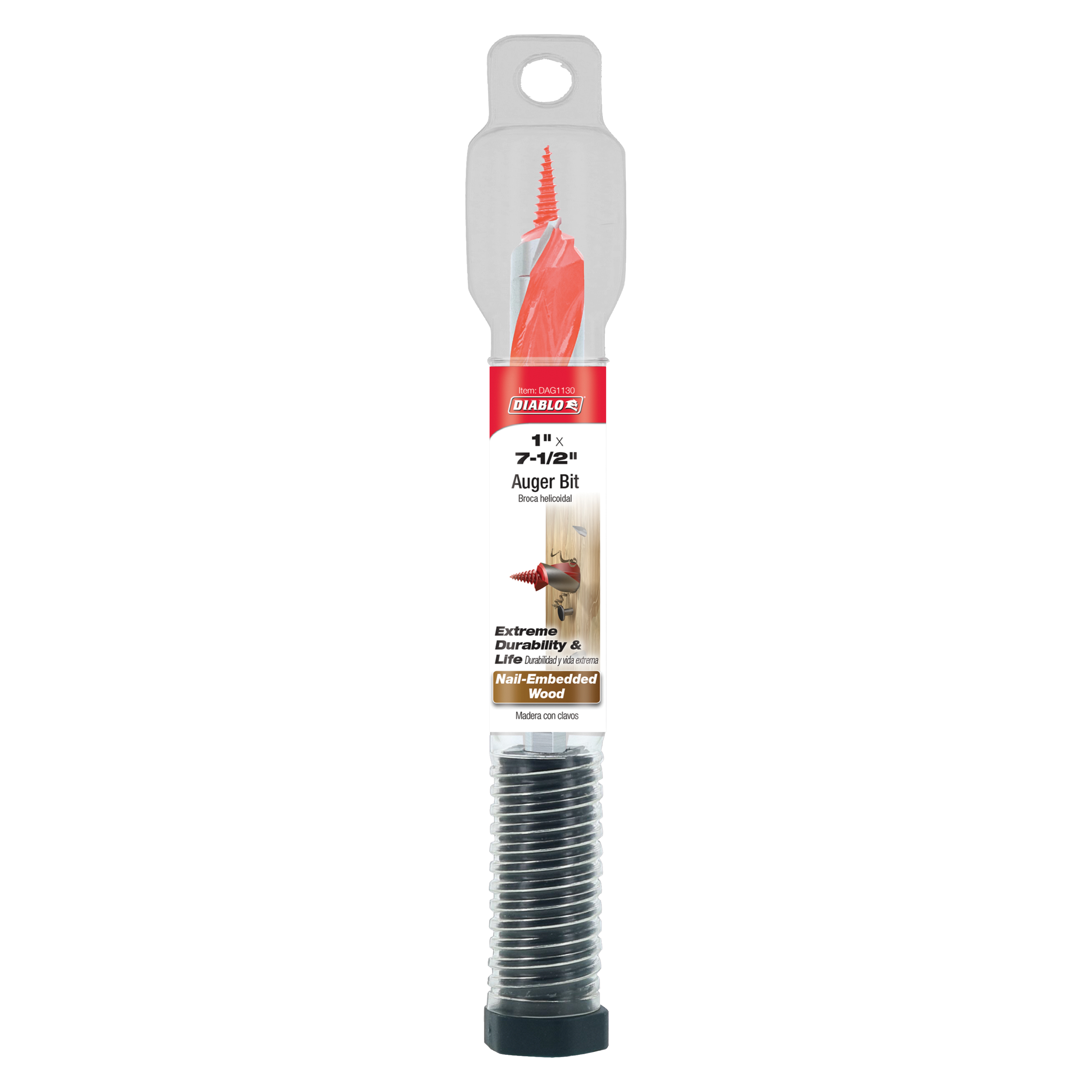 Diablo 1-inch by 7-1/2-inch auger bit with red spiral flute and silver packaging displayed vertically.