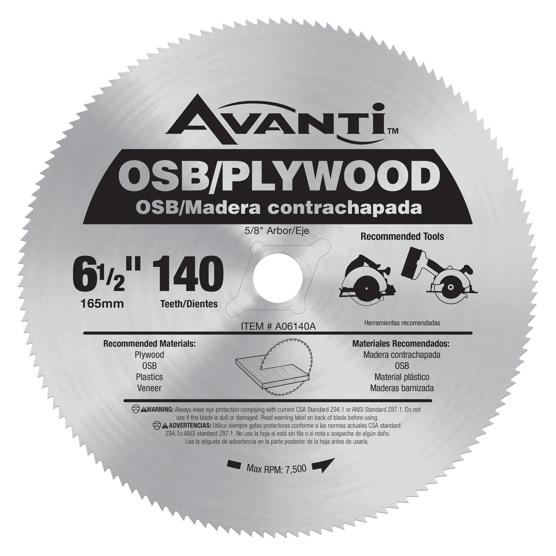Avanti 6-1/2" circular saw blade with 140 teeth for plywood and OSB cutting.