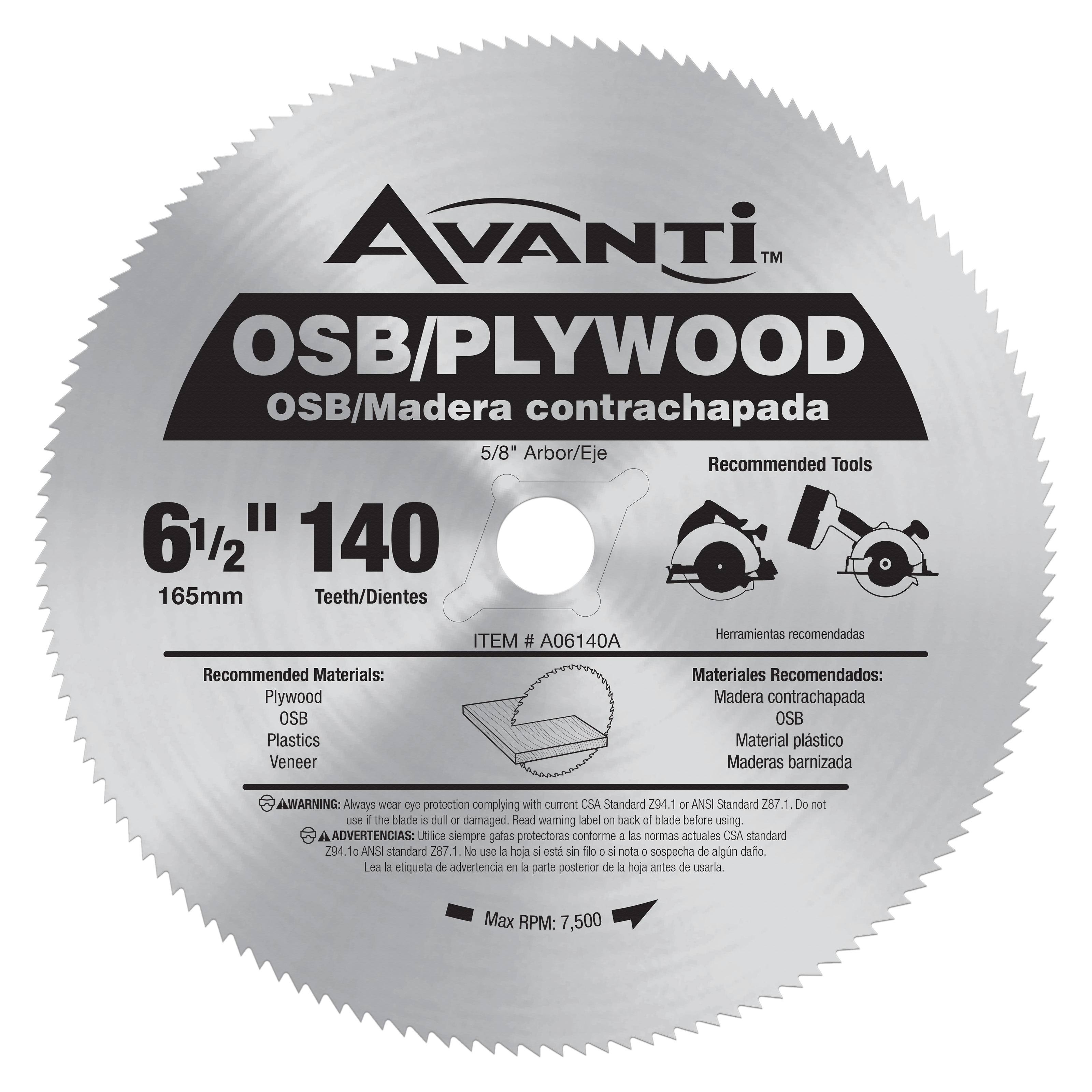 Avanti 6-1/2" circular saw blade with 140 teeth for plywood and OSB cutting.