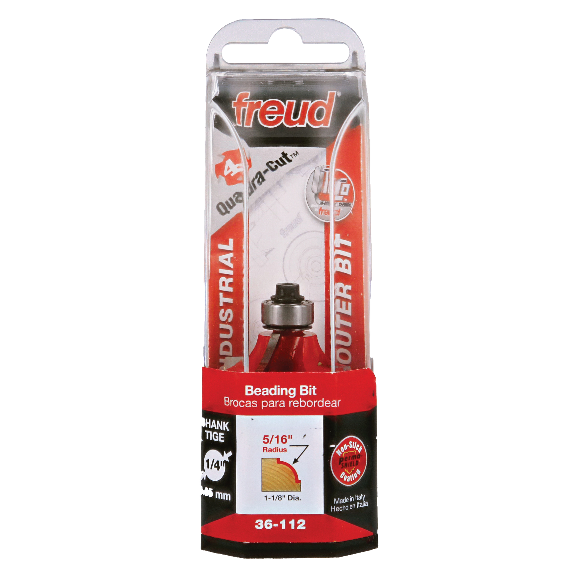 Freud 36-112 beading bit with red cutting head and black shank, displayed in retail packaging.
