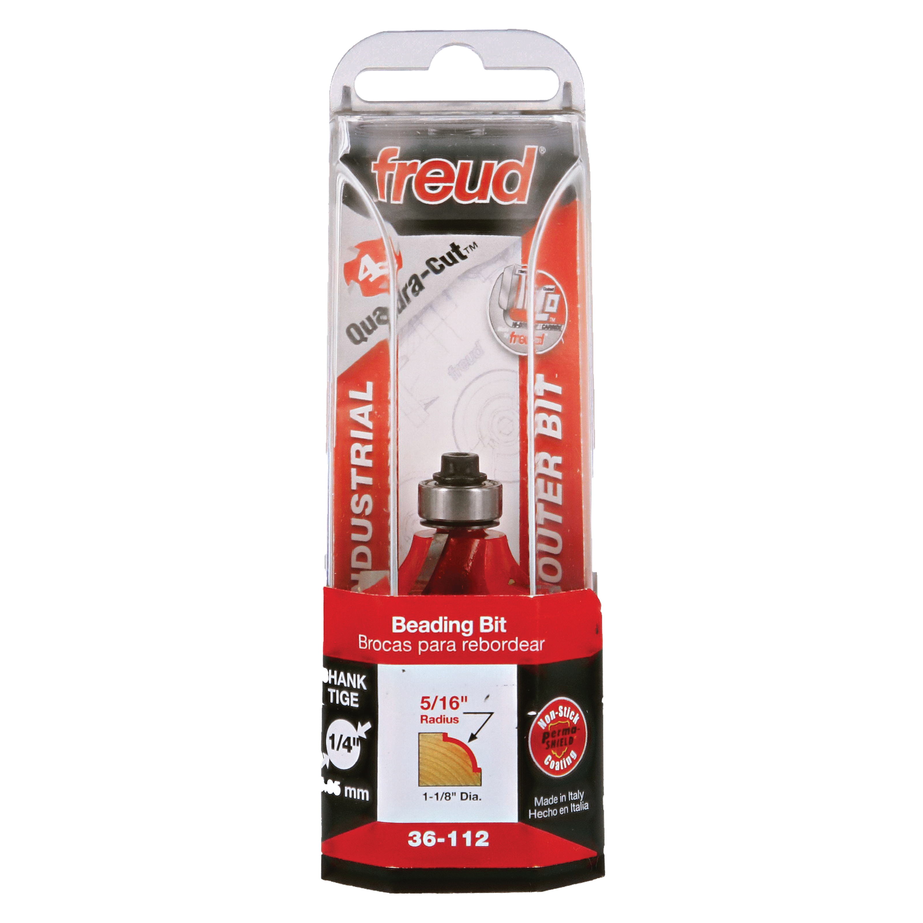 Freud 36-112 beading bit with red cutting head and black shank, displayed in retail packaging.