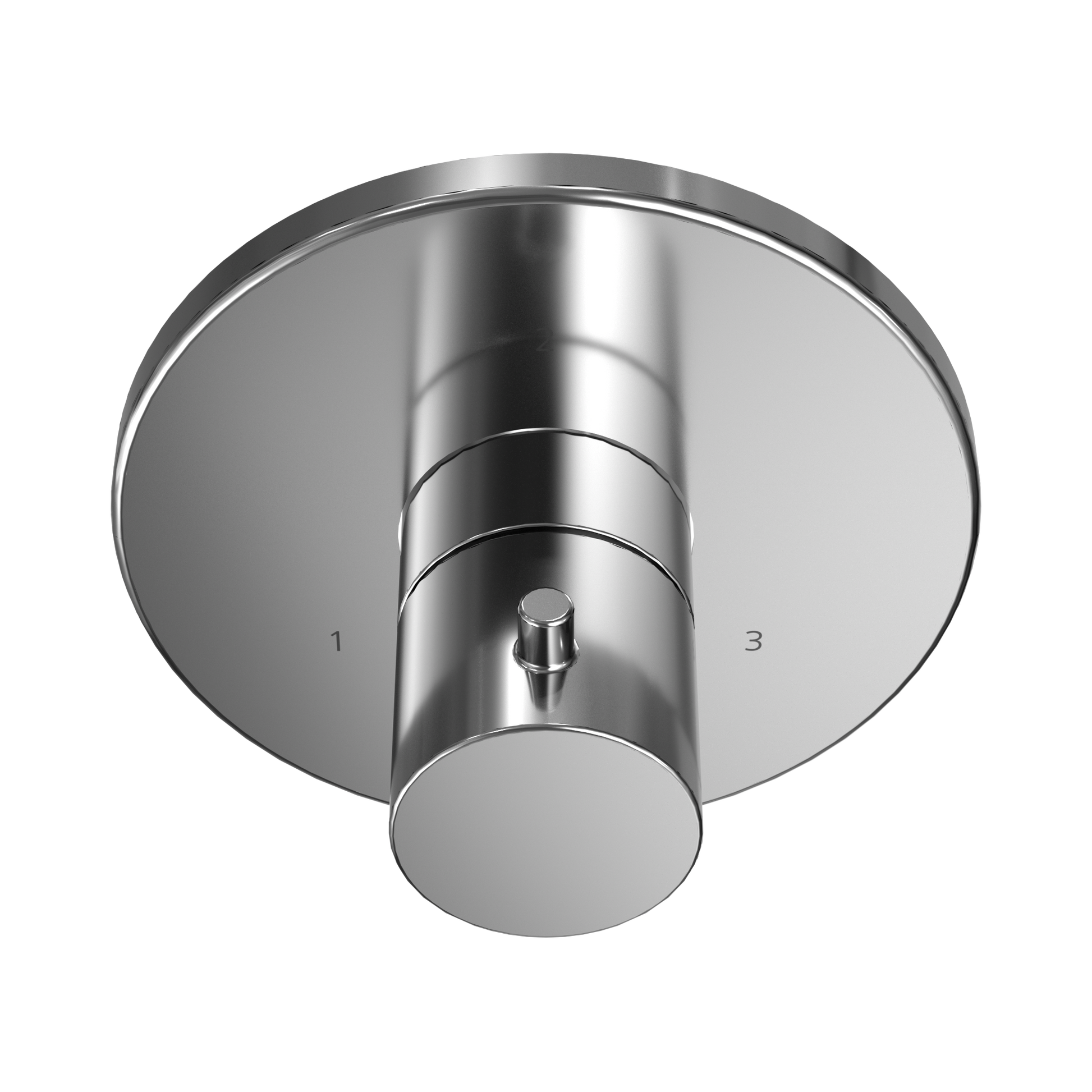 Polished chrome round shower diverter trim with central lever control and numbered outlet ports 1 and 3.