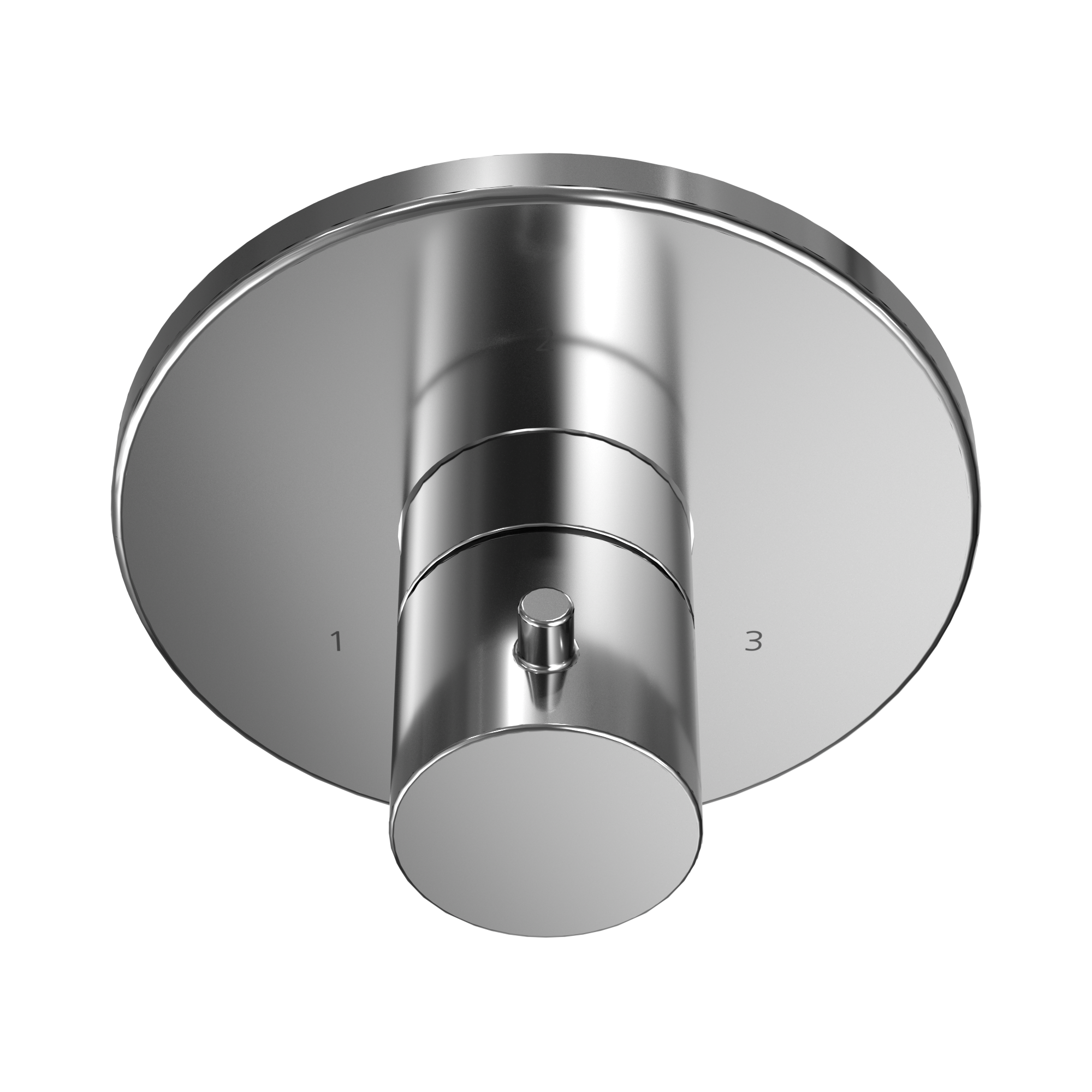 Polished chrome round shower diverter trim with central lever control and numbered outlet ports 1 and 3.