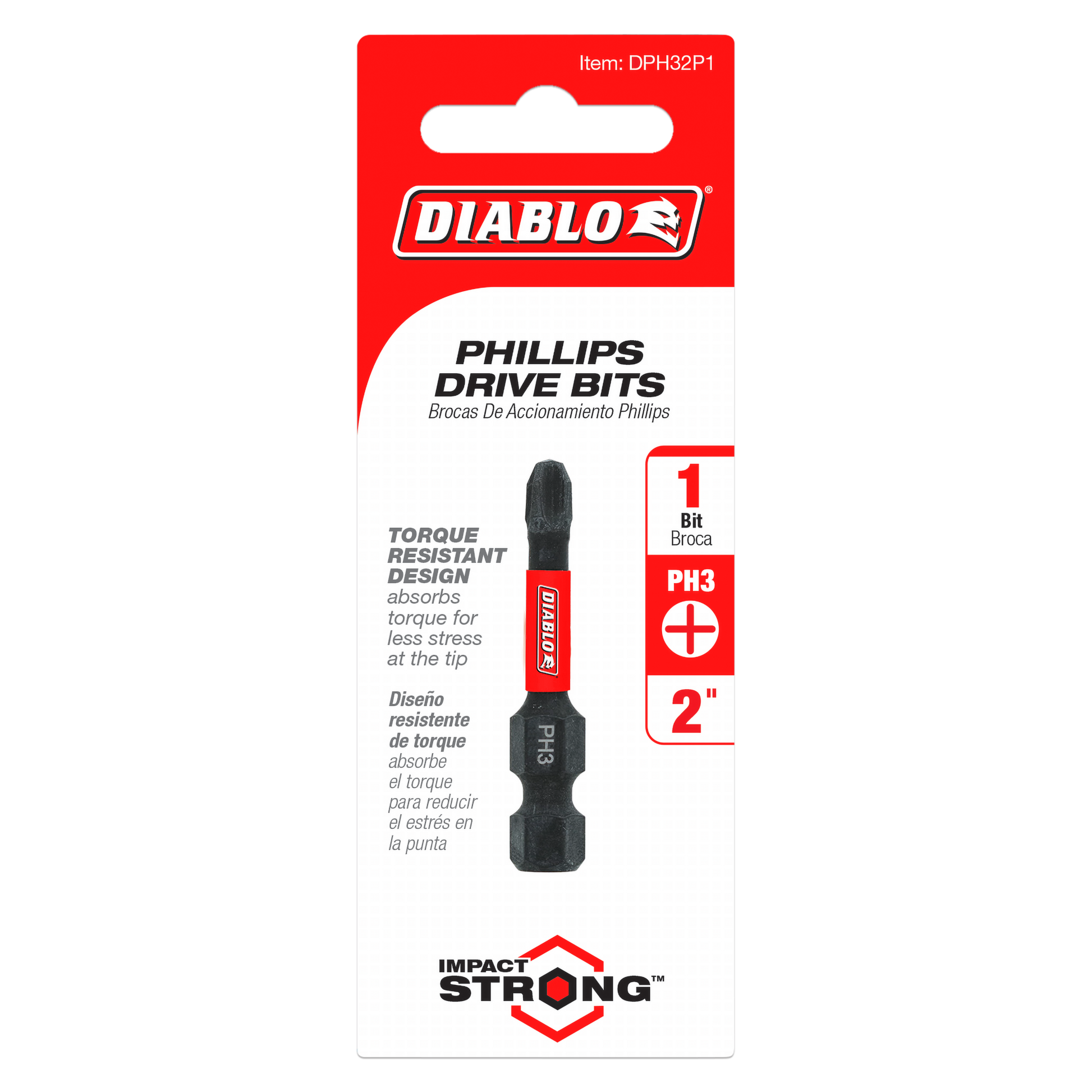 Black and red Phillips #3 drive bit with 2-inch length on red Diablo packaging card.