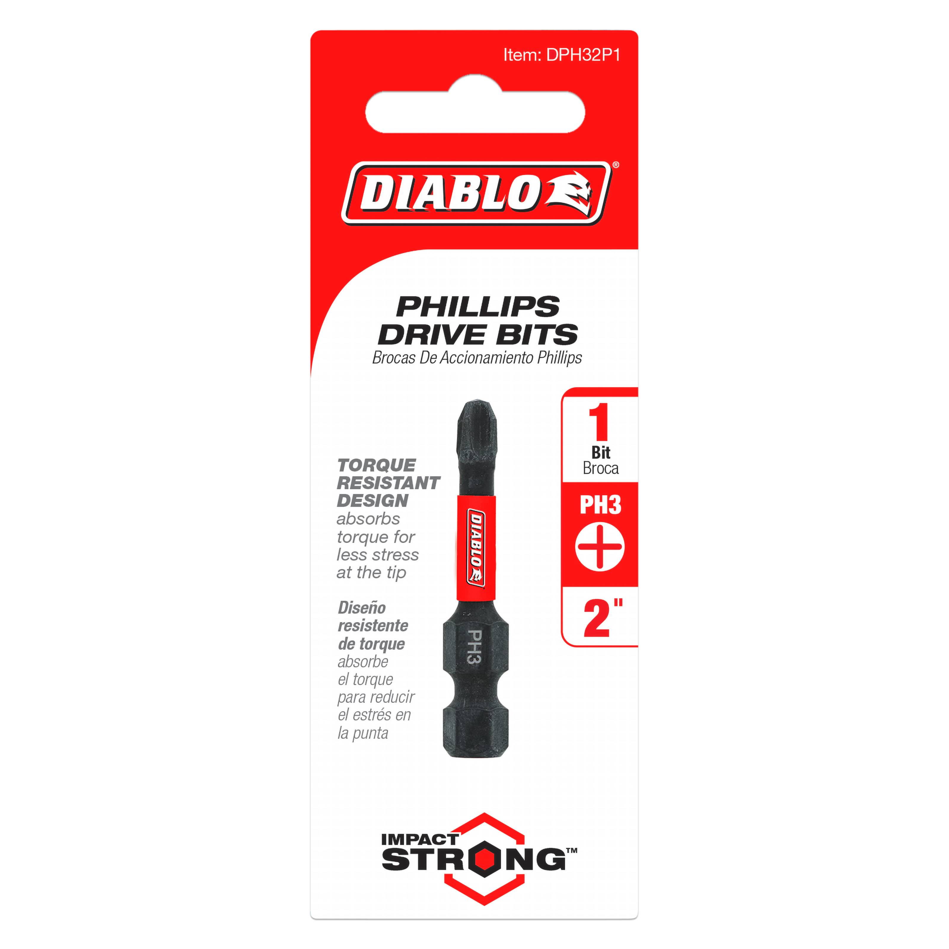 Black and red Phillips #3 drive bit with 2-inch length on red Diablo packaging card.