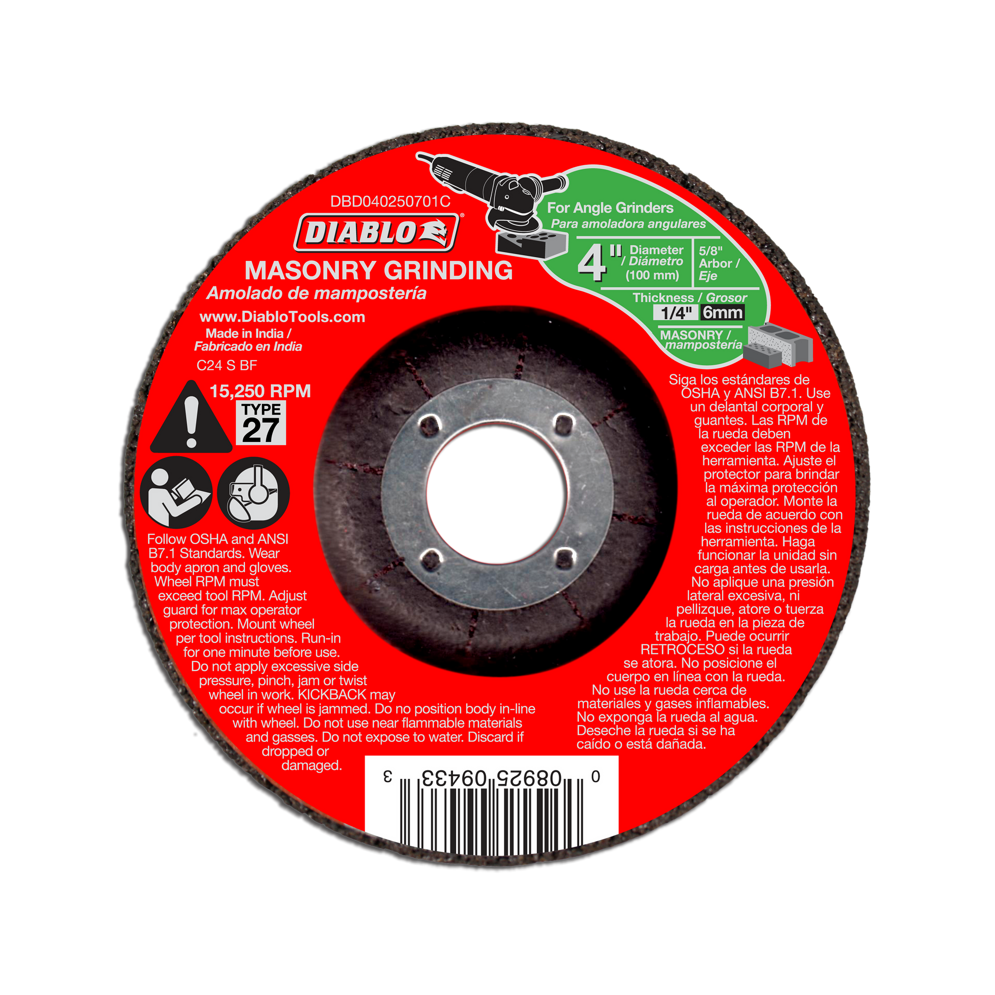 Diablo 4-inch masonry grinding disc with red label, gray grinding surface, and center arbor hole for angle grinders.