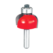 Red cove router bit with silver metal shank and ball bearing guide.