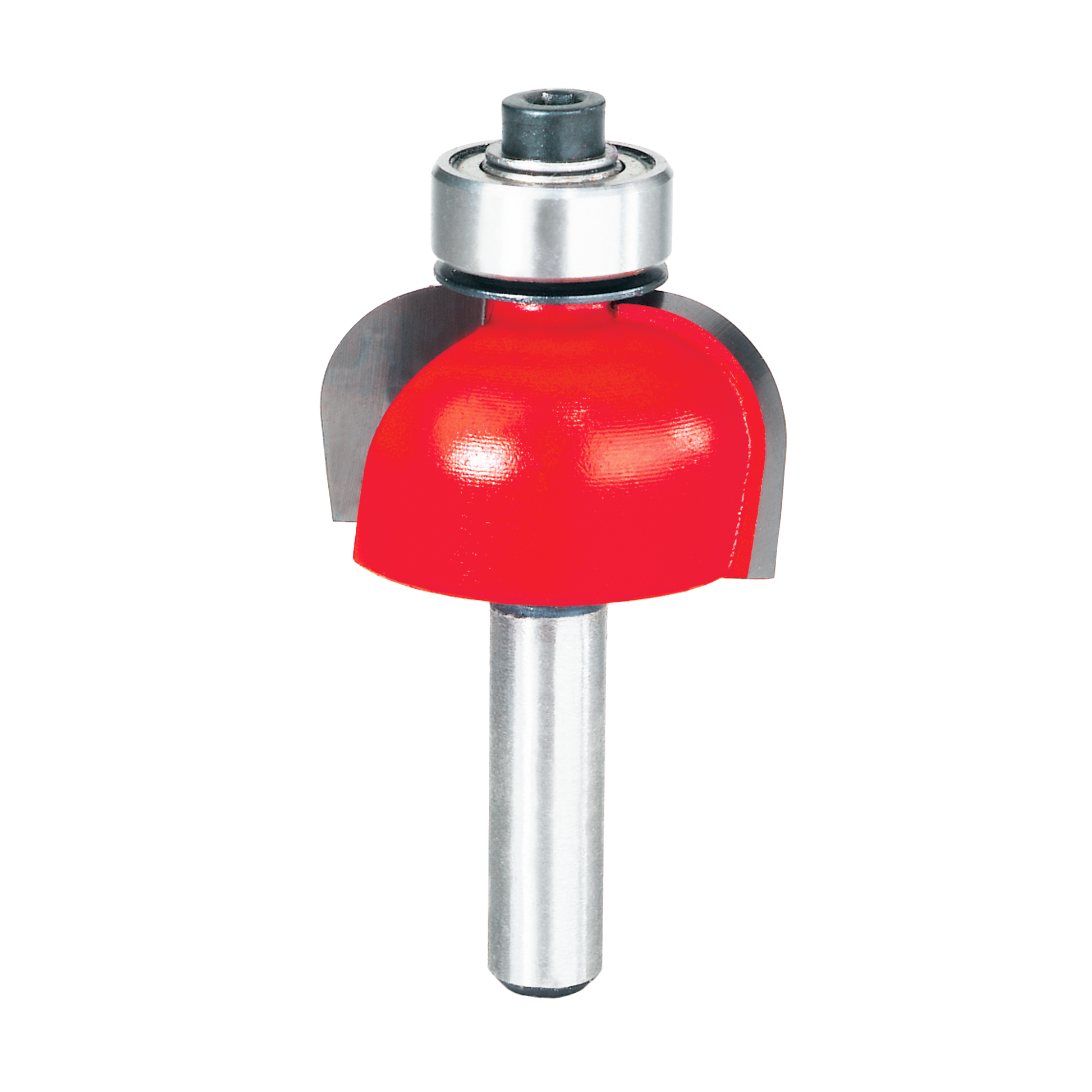 Red cove router bit with silver metal shank and ball bearing guide.