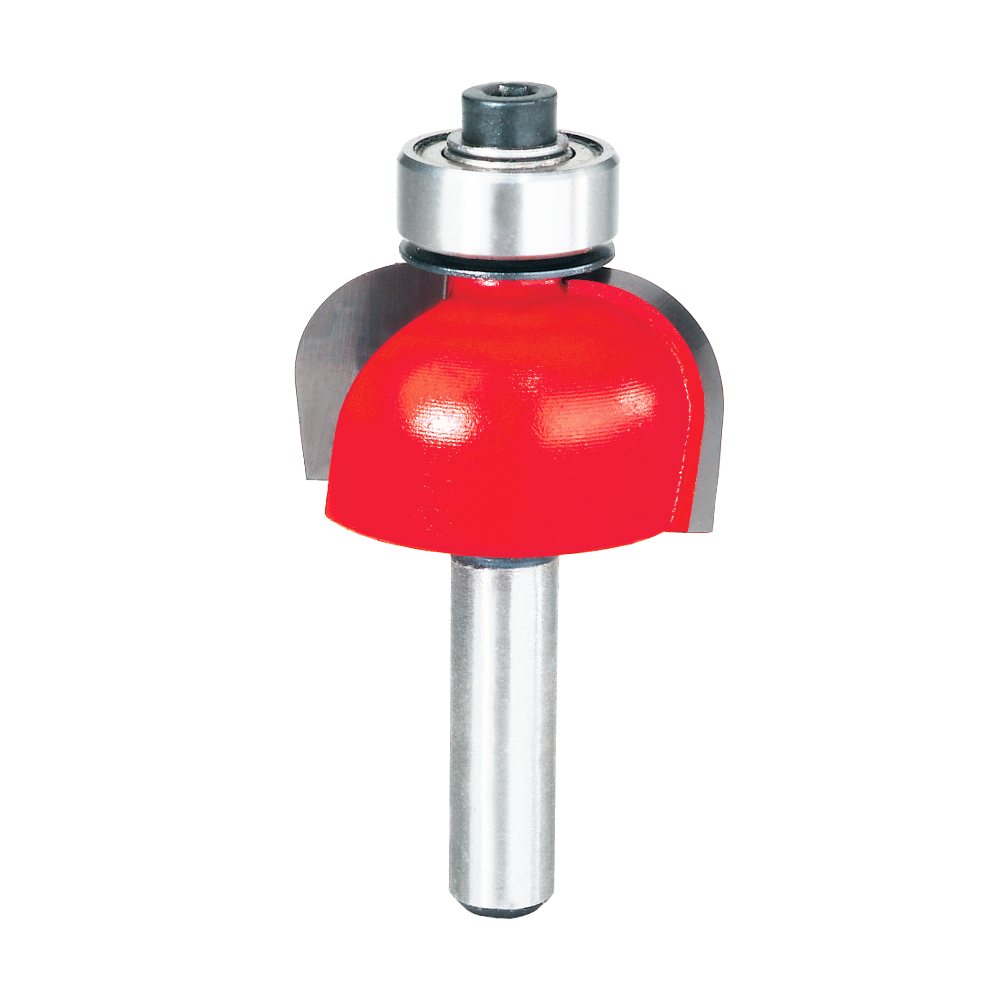 Red cove router bit with silver metal shank and ball bearing guide.