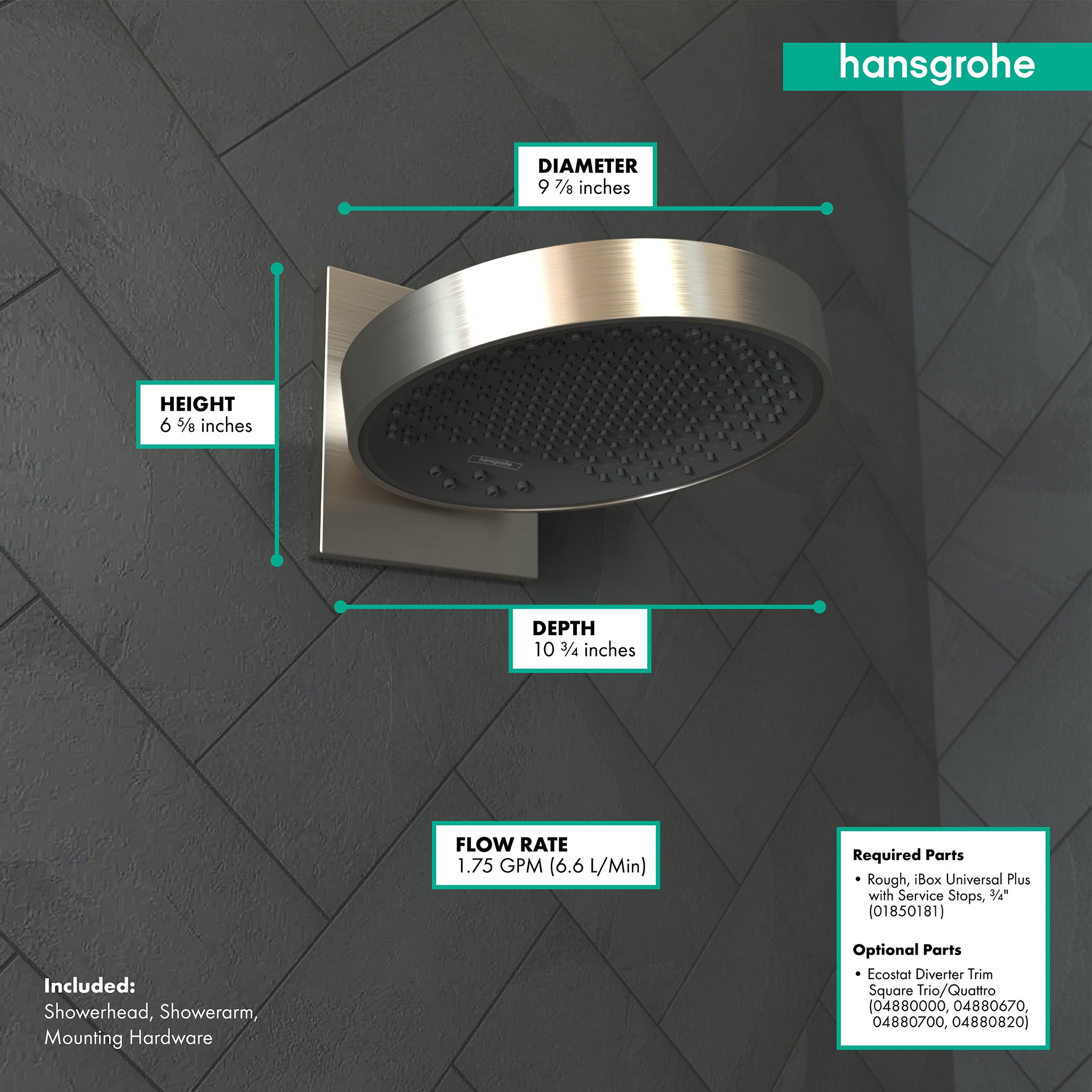 Brushed nickel round shower head with black spray face and square wall connector mounted on herringbone tile background.