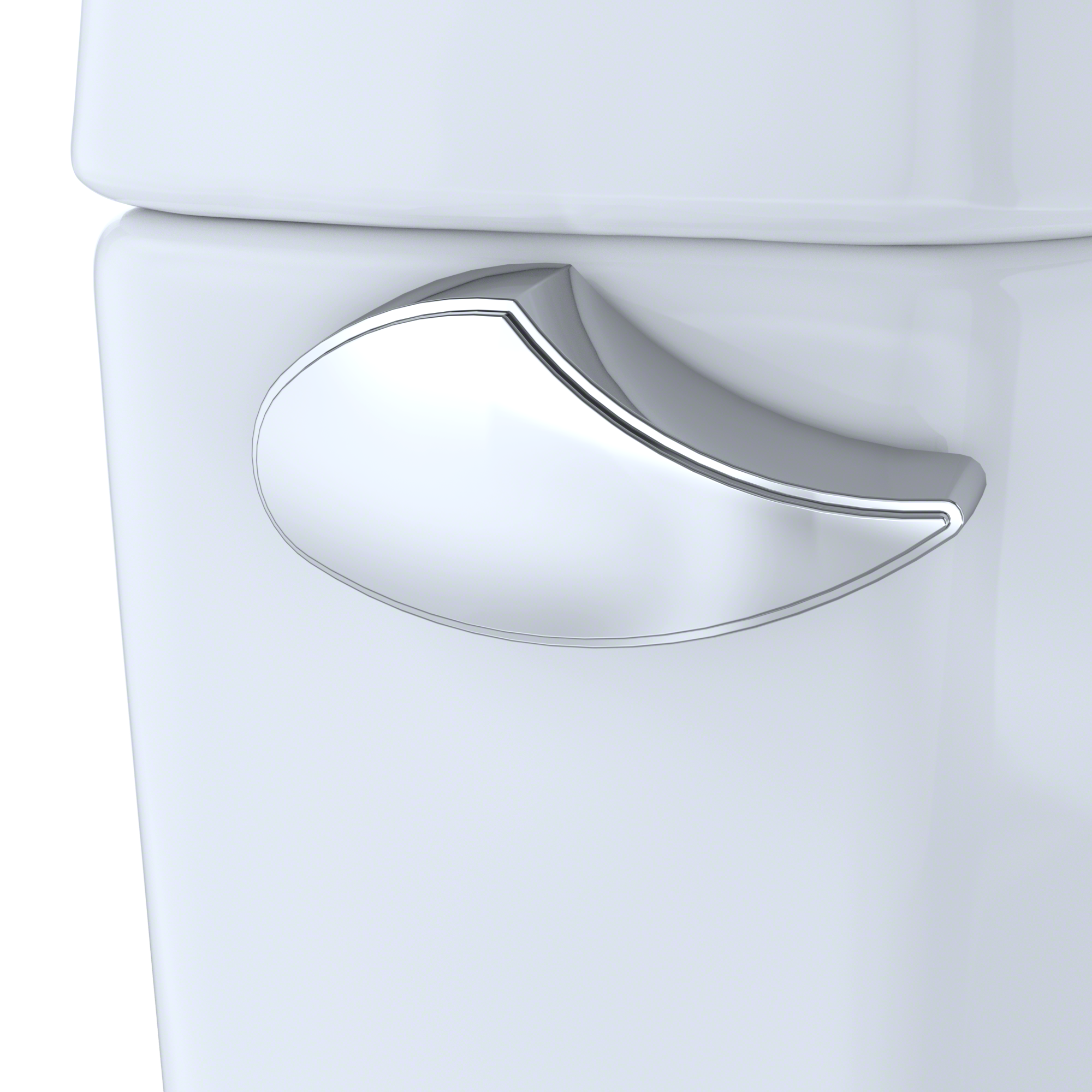 White two-piece toilet with round bowl and right-hand chrome lever handle.