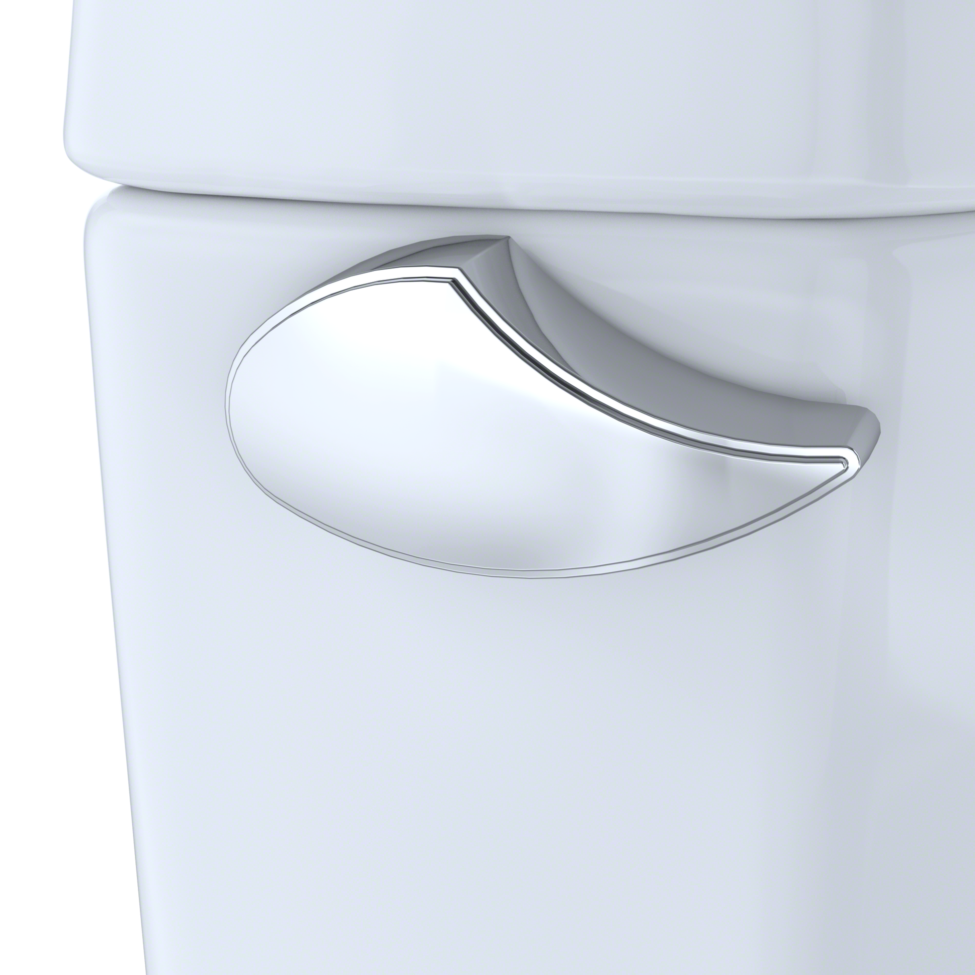 Bone-colored two-piece round toilet with curved chrome handle and smooth ceramic body.