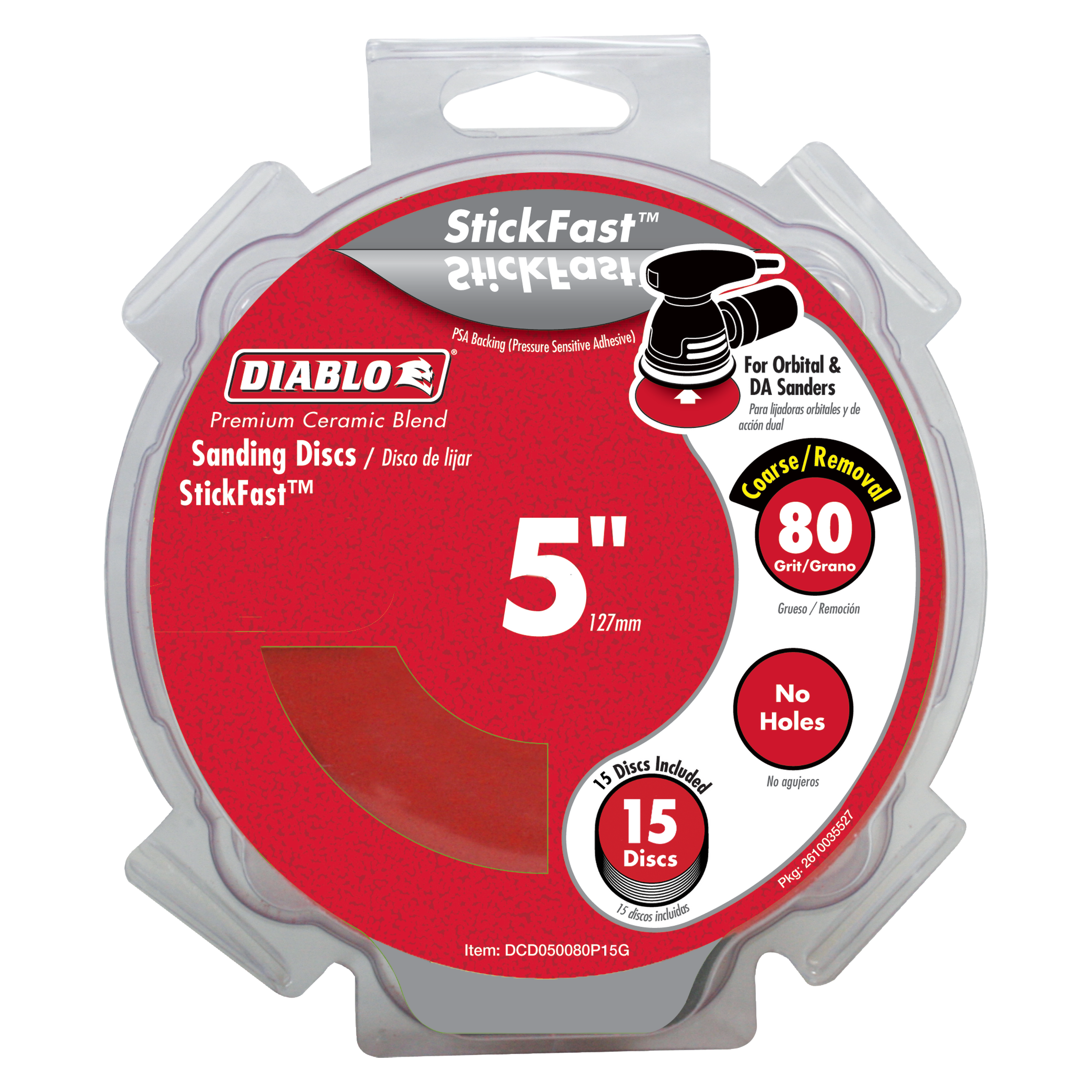 Five-inch Diablo StickFast sanding discs, 80 grit coarse, 15-pack in clear plastic clamshell packaging.