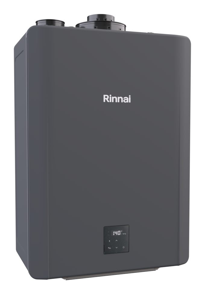 Rinnai gray tankless water heater with digital display control panel and dual exhaust vents on top.