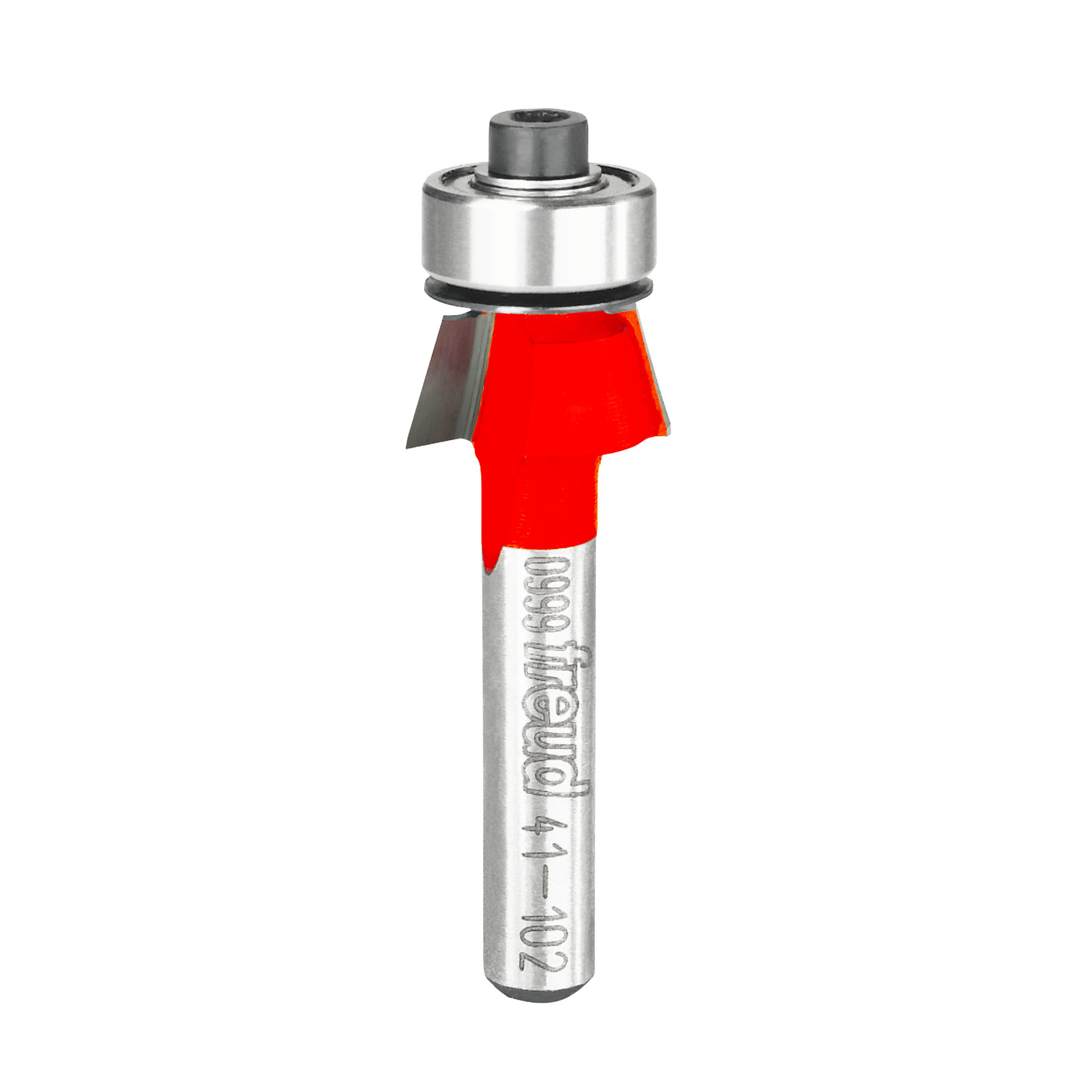 Freud bevel trim bit with red cutting head, silver metal shaft, and ball bearing guide.