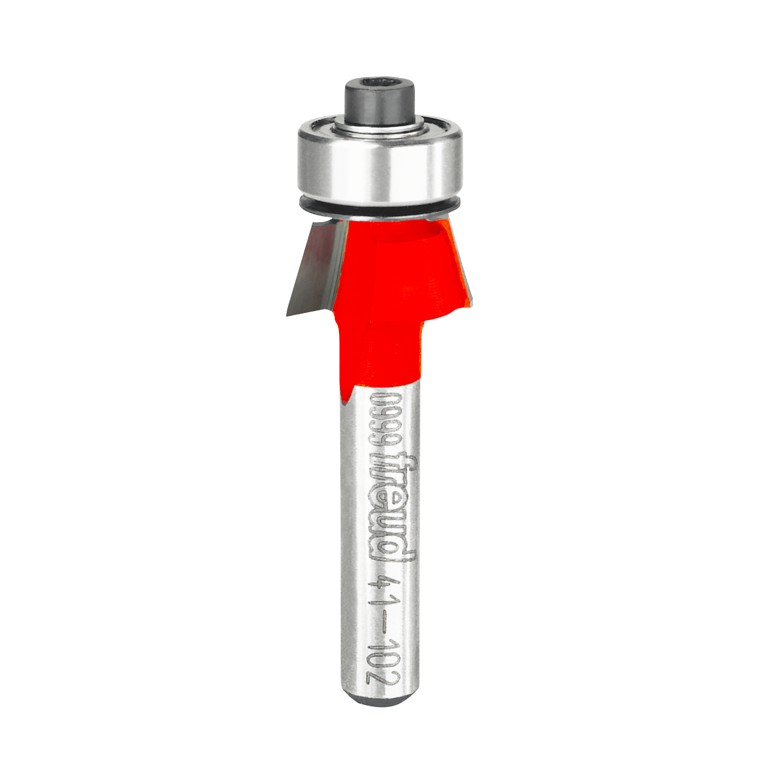 Freud bevel trim bit with red cutting head, silver metal shaft, and ball bearing guide.