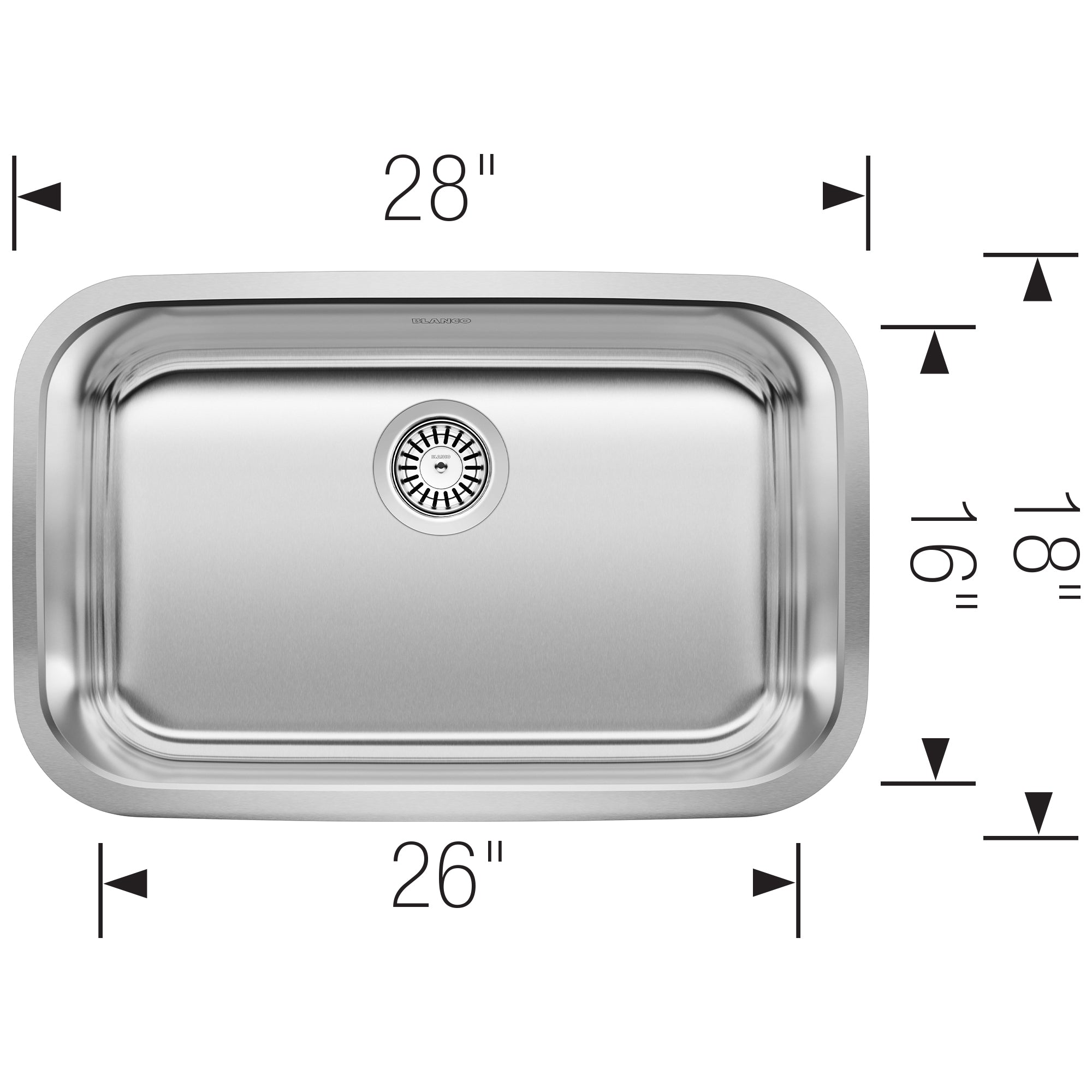 Stainless steel single bowl undermount sink with drain, 28" width and 26" depth, shown from above.