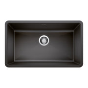 Anthracite single bowl undermount kitchen sink with rounded corners and chrome drain strainer.