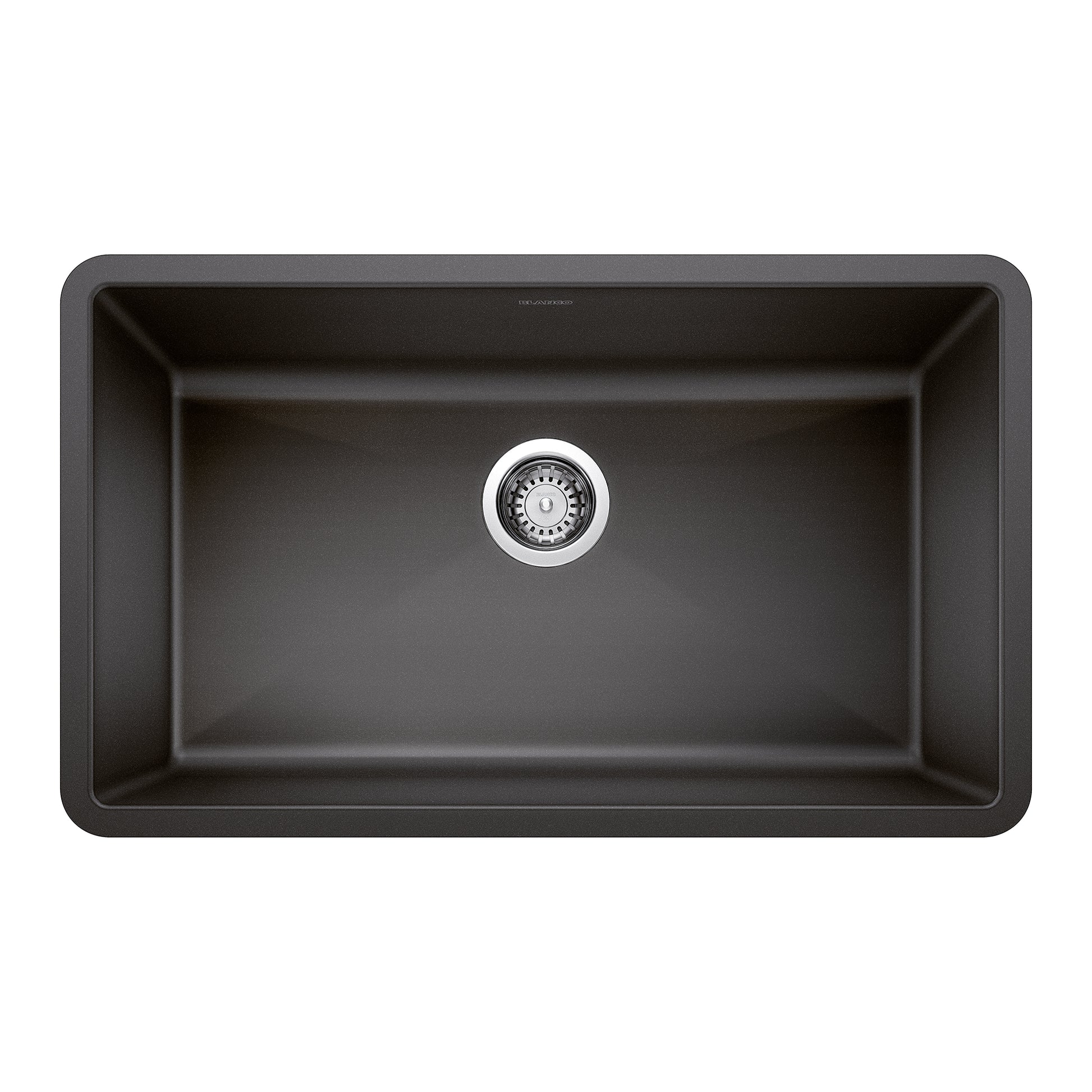 Anthracite single bowl undermount kitchen sink with rounded corners and chrome drain strainer.