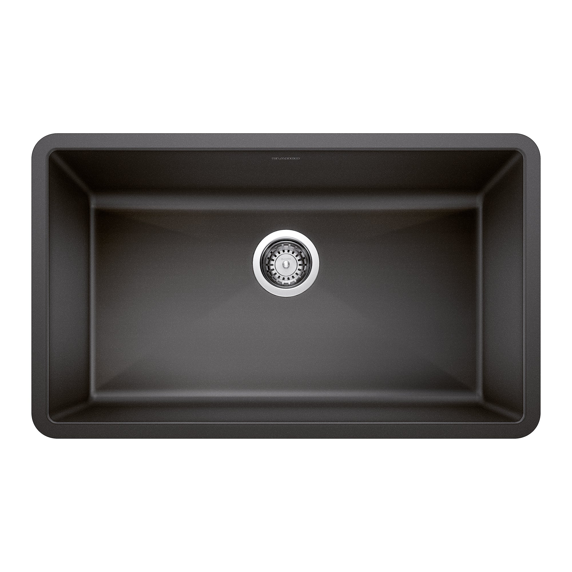 Anthracite single bowl undermount kitchen sink with rounded corners and chrome drain strainer.