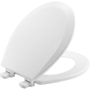 Round cotton white enameled wood toilet seat with white hinges shown in open position.
