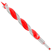 Red and gray twisted auger bit with pointed tip and cylindrical shank against white background.