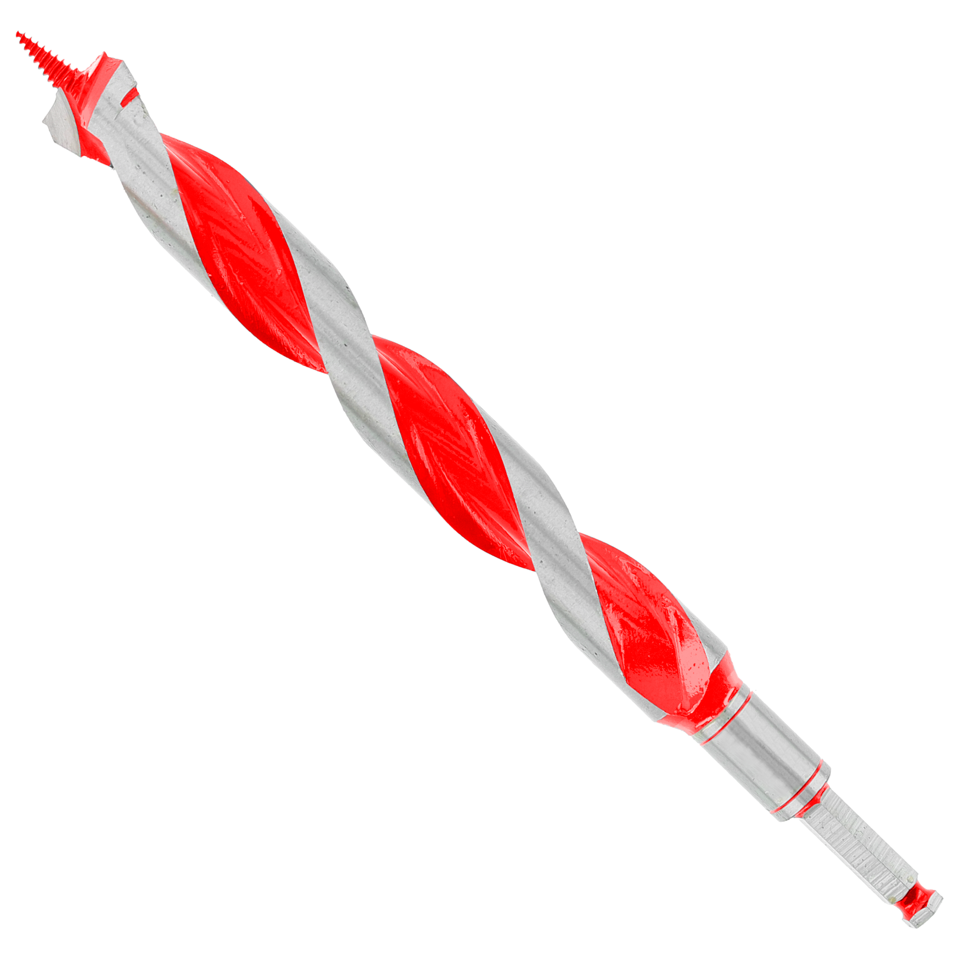 Red and gray twisted auger bit with pointed tip and cylindrical shank against white background.