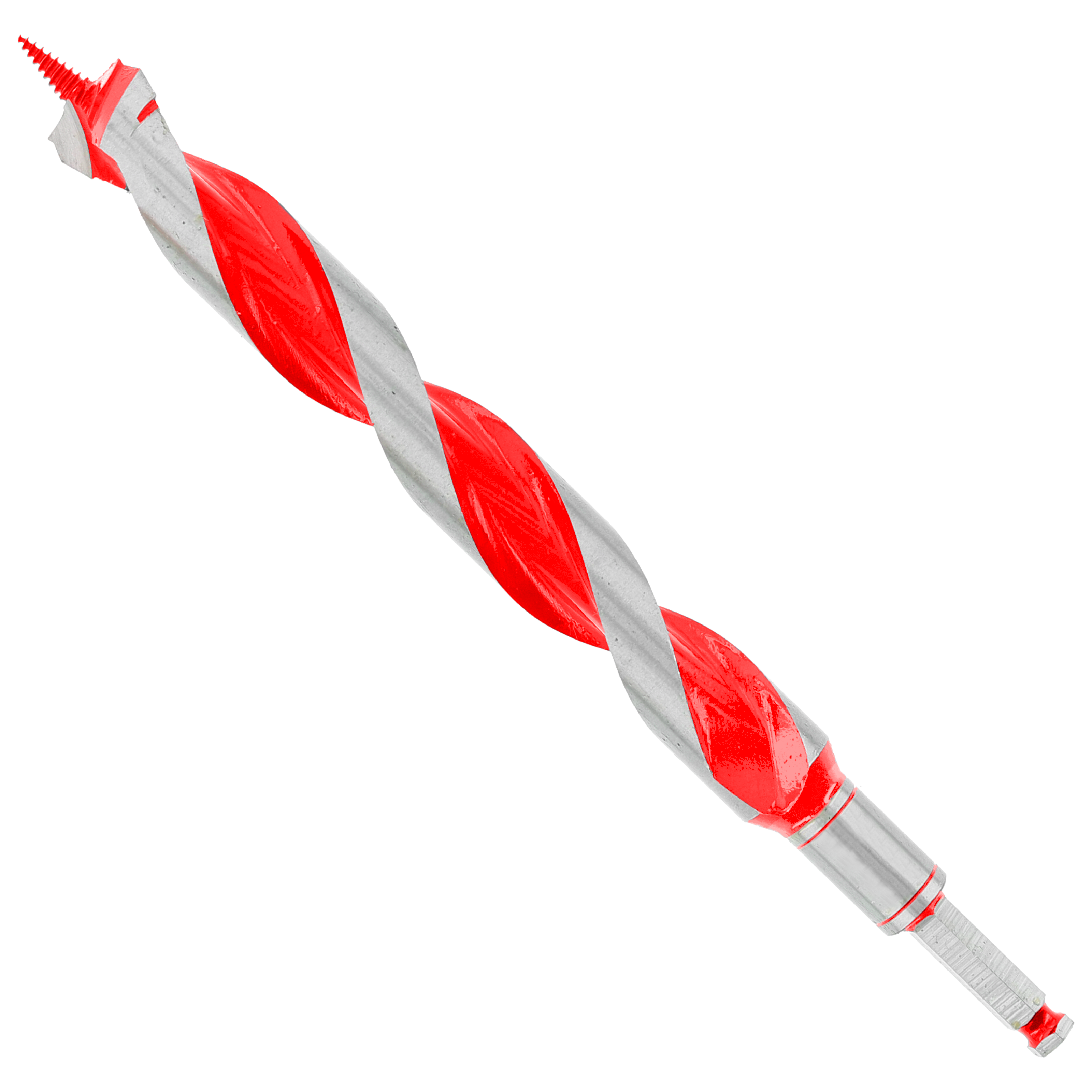 Red and gray twisted auger bit with pointed tip and cylindrical shank against white background.
