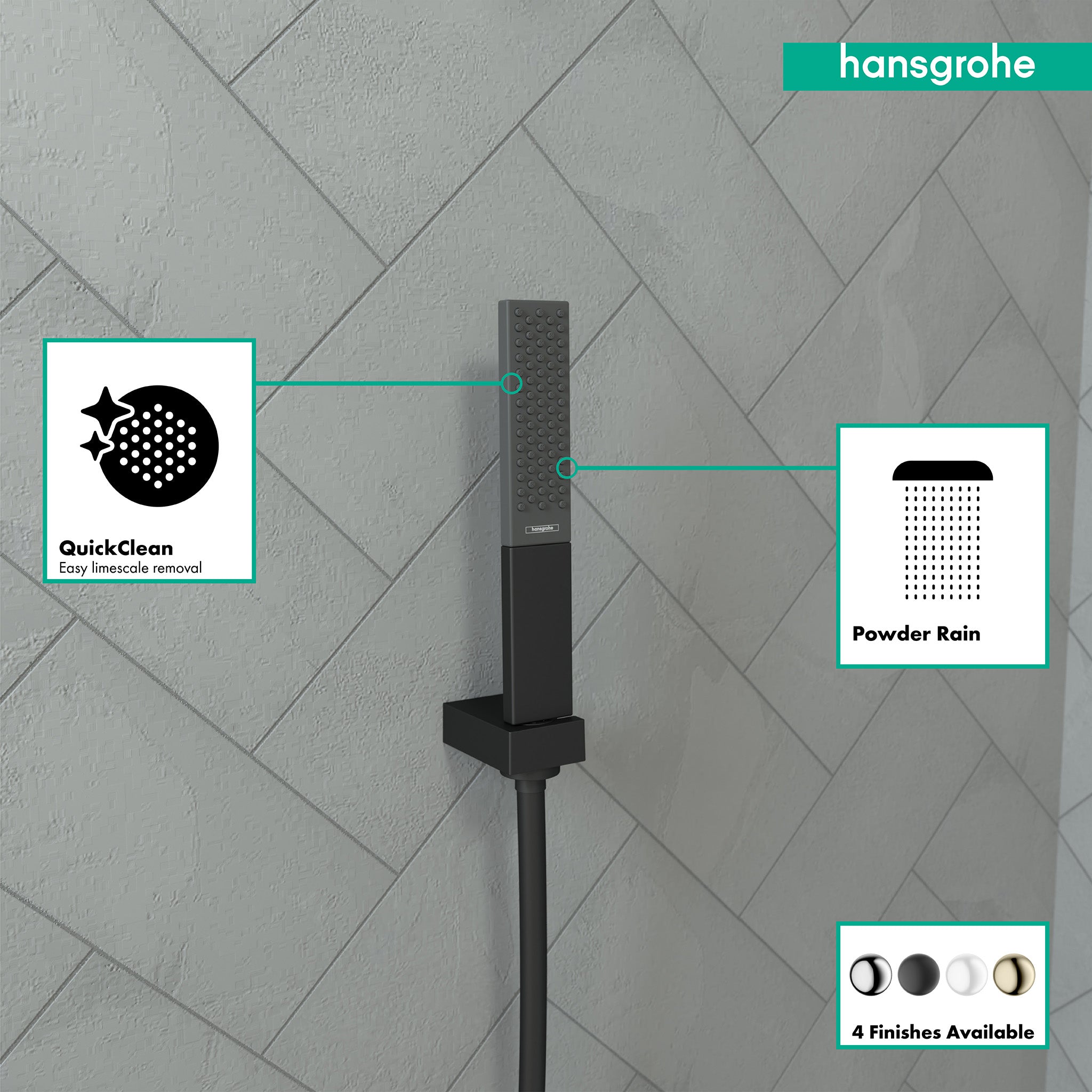 Matte black rectangular handheld shower head with perforated face mounted on wall with hose connection.