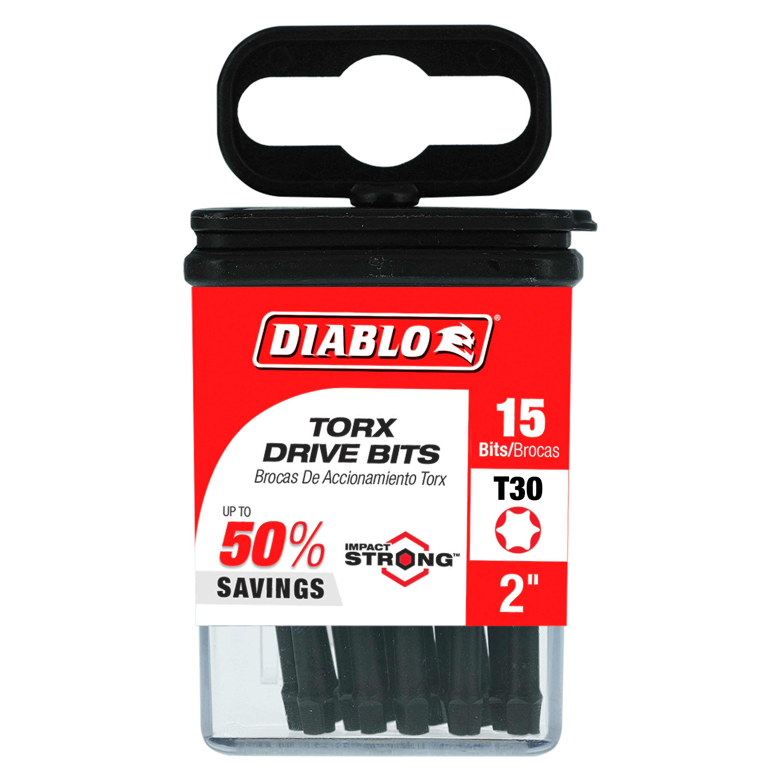 Black Diablo T30 Torx drive bits in clear plastic container with red and black label showing 15-pack, 2 inch length.
