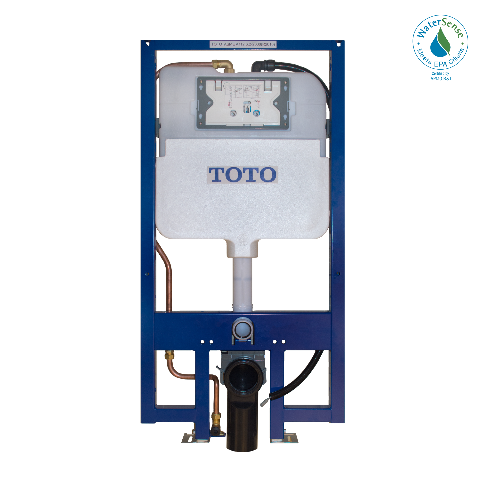 TOTO wall-hung toilet tank and mounting frame with white dual-flush mechanism and black drain pipe.