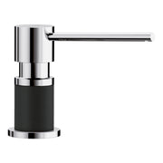 Chrome and coal black soap dispenser with cylindrical pump body and angled spout.